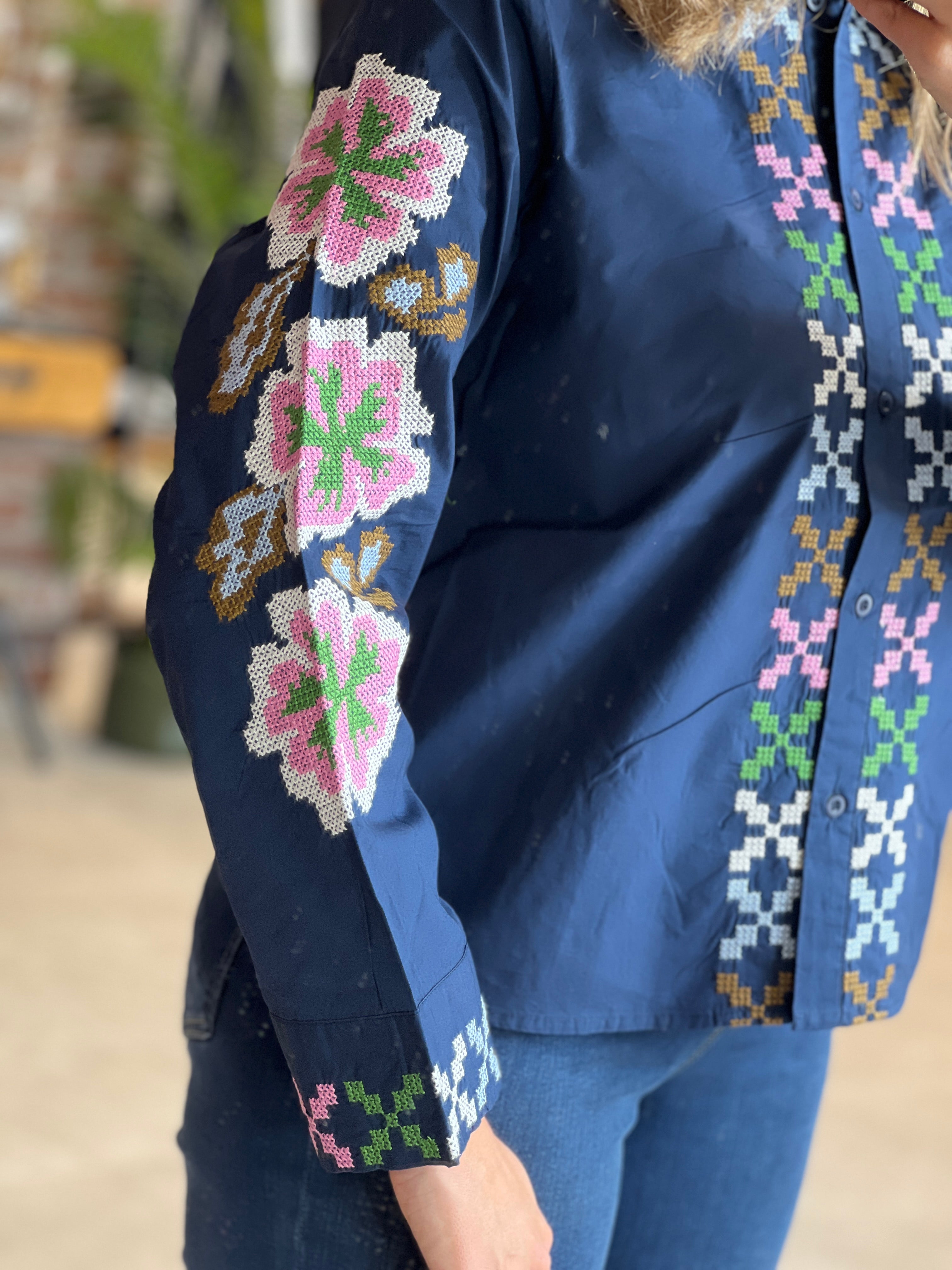 Culture Embroidery Shirt Dress Blues