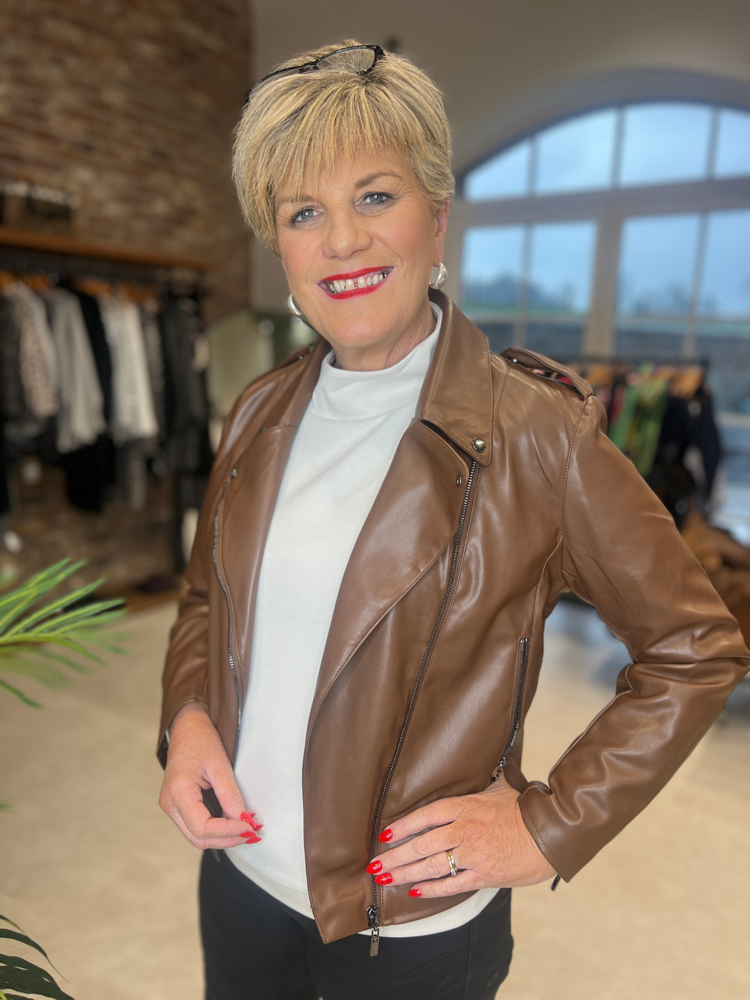 Monari Pleather Biker Jacket In whisky