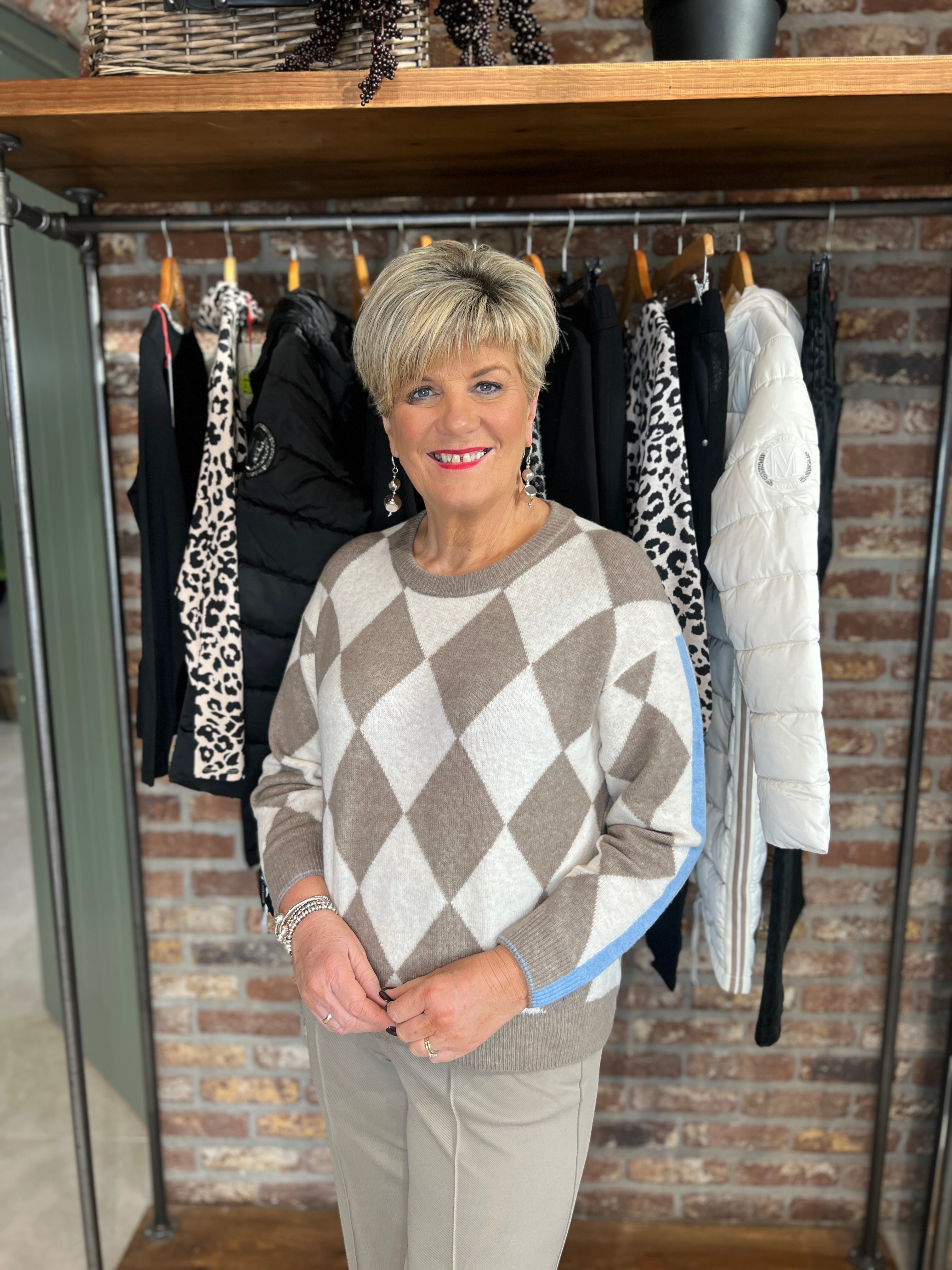 Oui Jacquard Pullover With Stripe In Taupe Multi