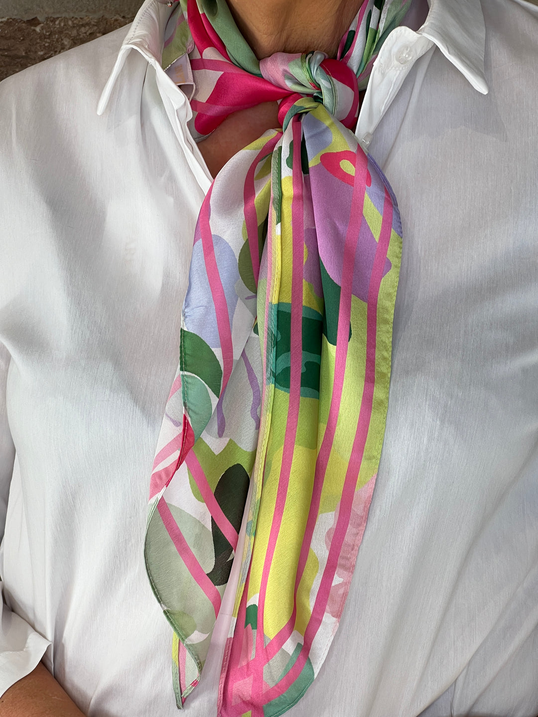Pipa Floral Neck Silk Scarf In Pink & Green