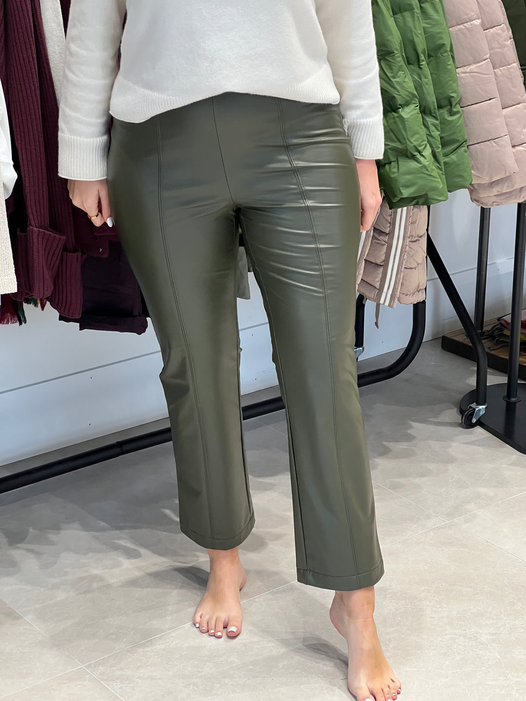 Stehmann Leni Flared Pleather Trousers In Forest