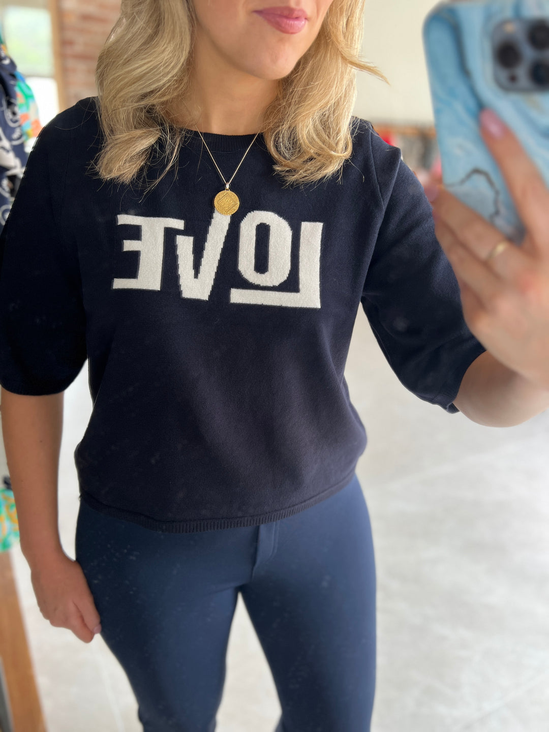 Milano Italy Love Print Pullover In Navy Multi