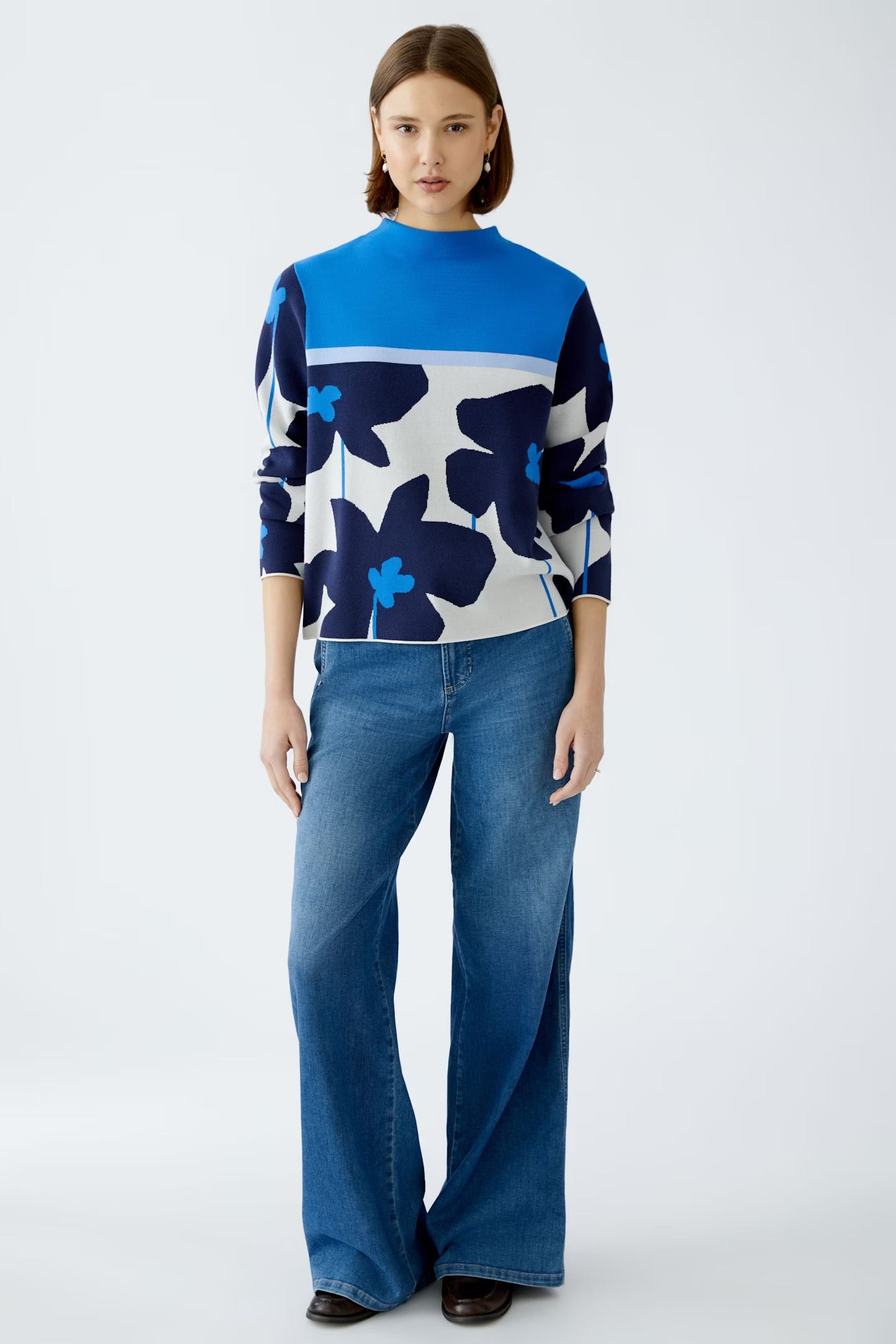 Oui Jacquard Floral Pullover In Blue & white