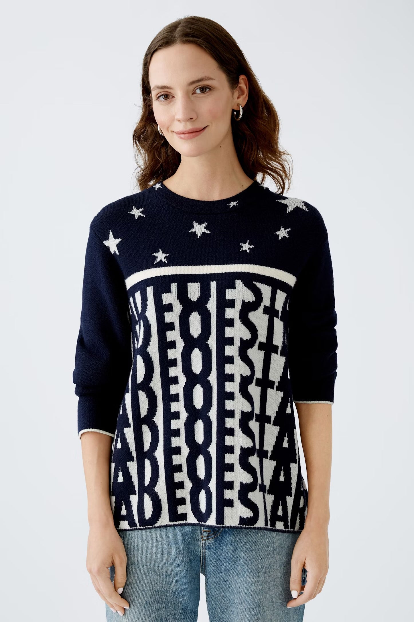 Oui Pullover With Star & wording In Dark Blue & White