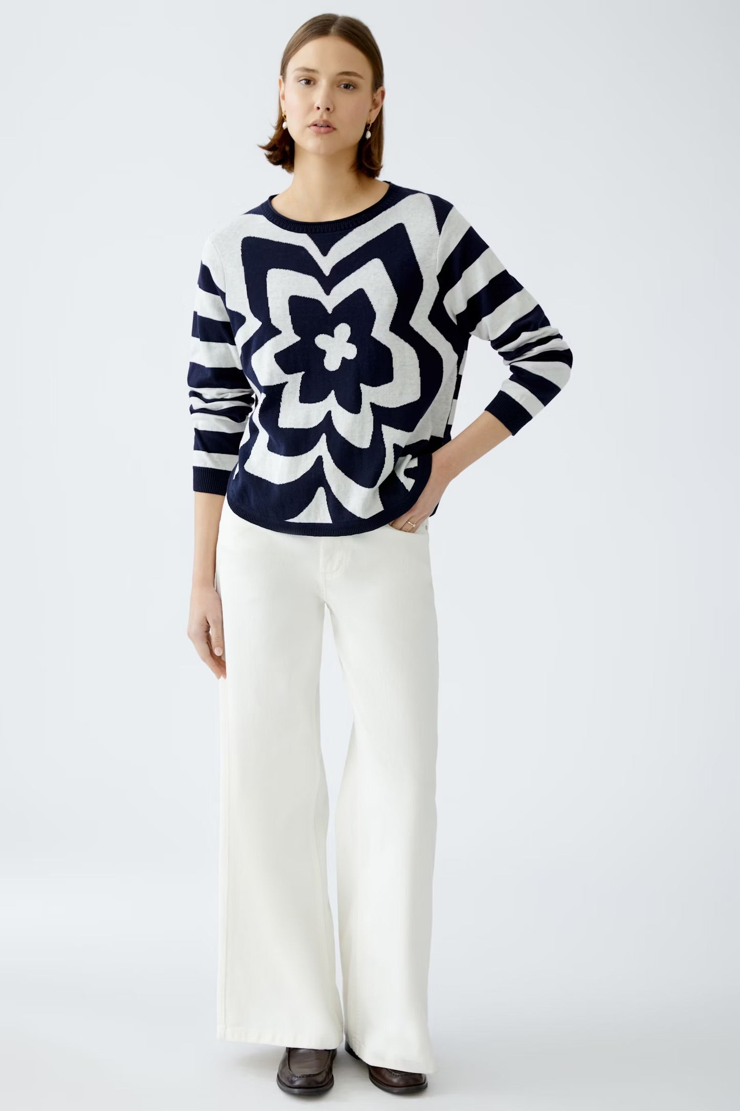 Oui Striped/Floral Jumper In navy & White