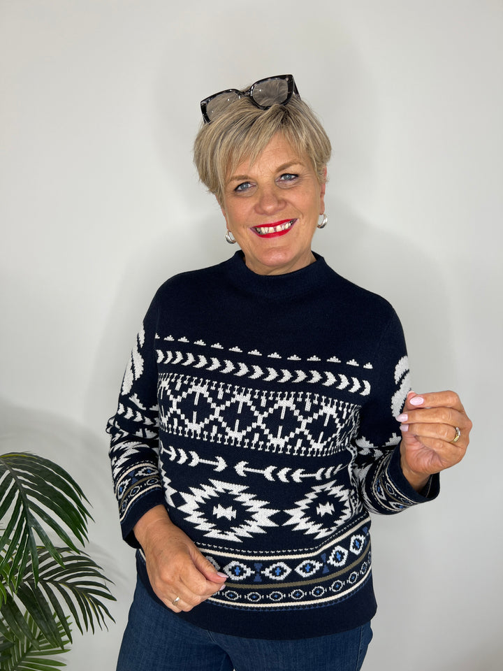 Oui Norwegian Pattern Pullover In Dark blue & white