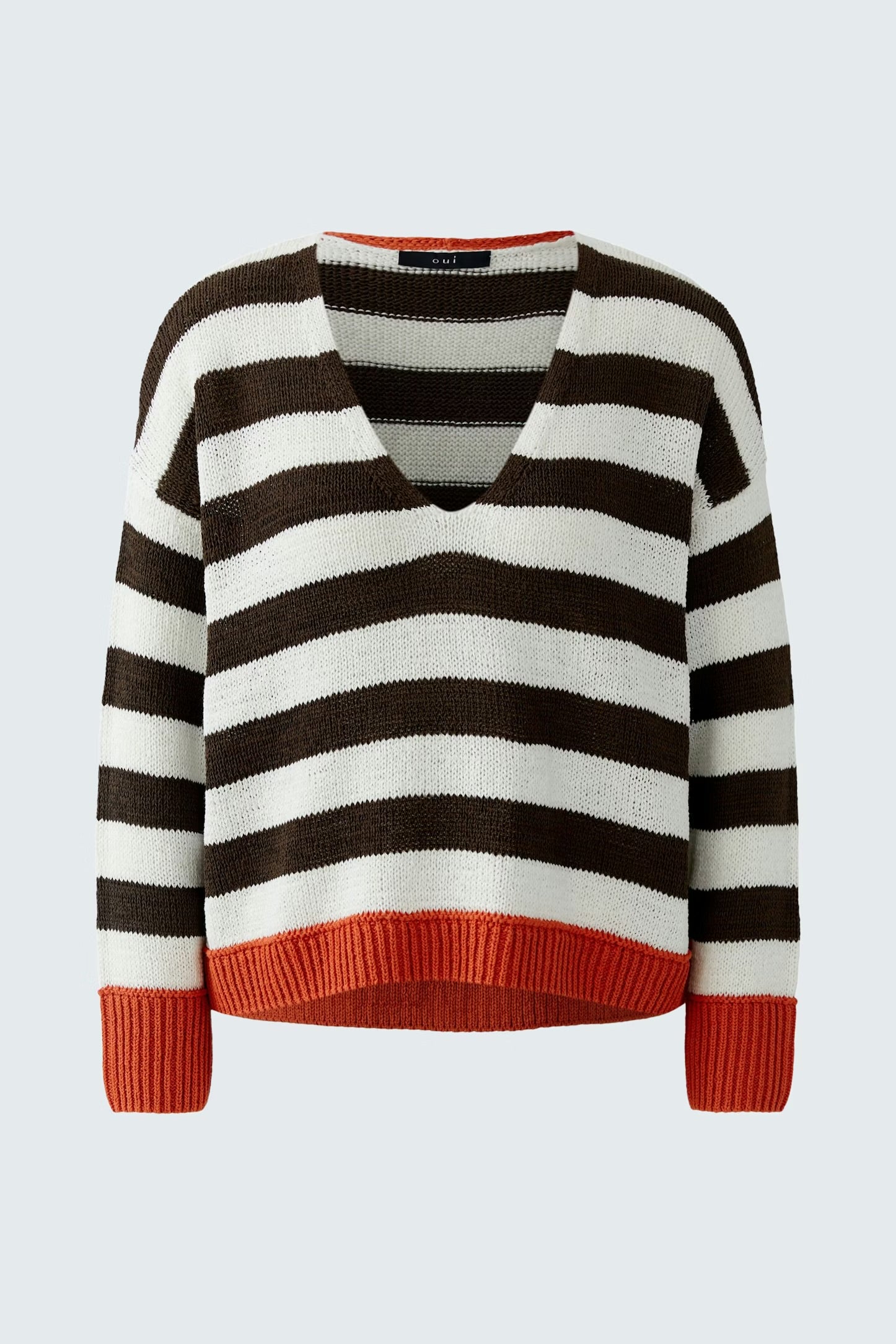 Oui Striped Pullover In White & Brown