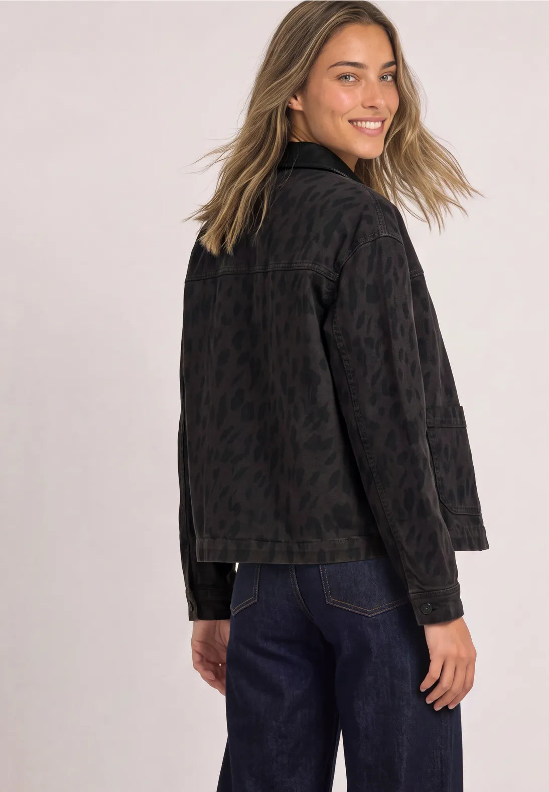 Leo print denim jacket in brown & black mix