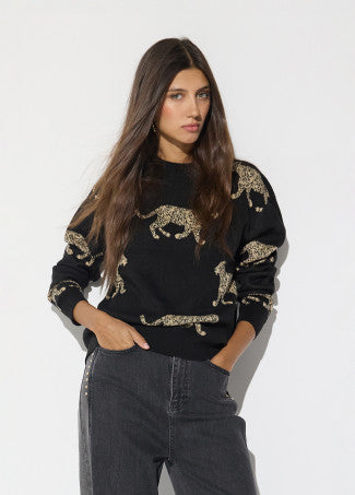Jacquard leopard pullover in black & brown