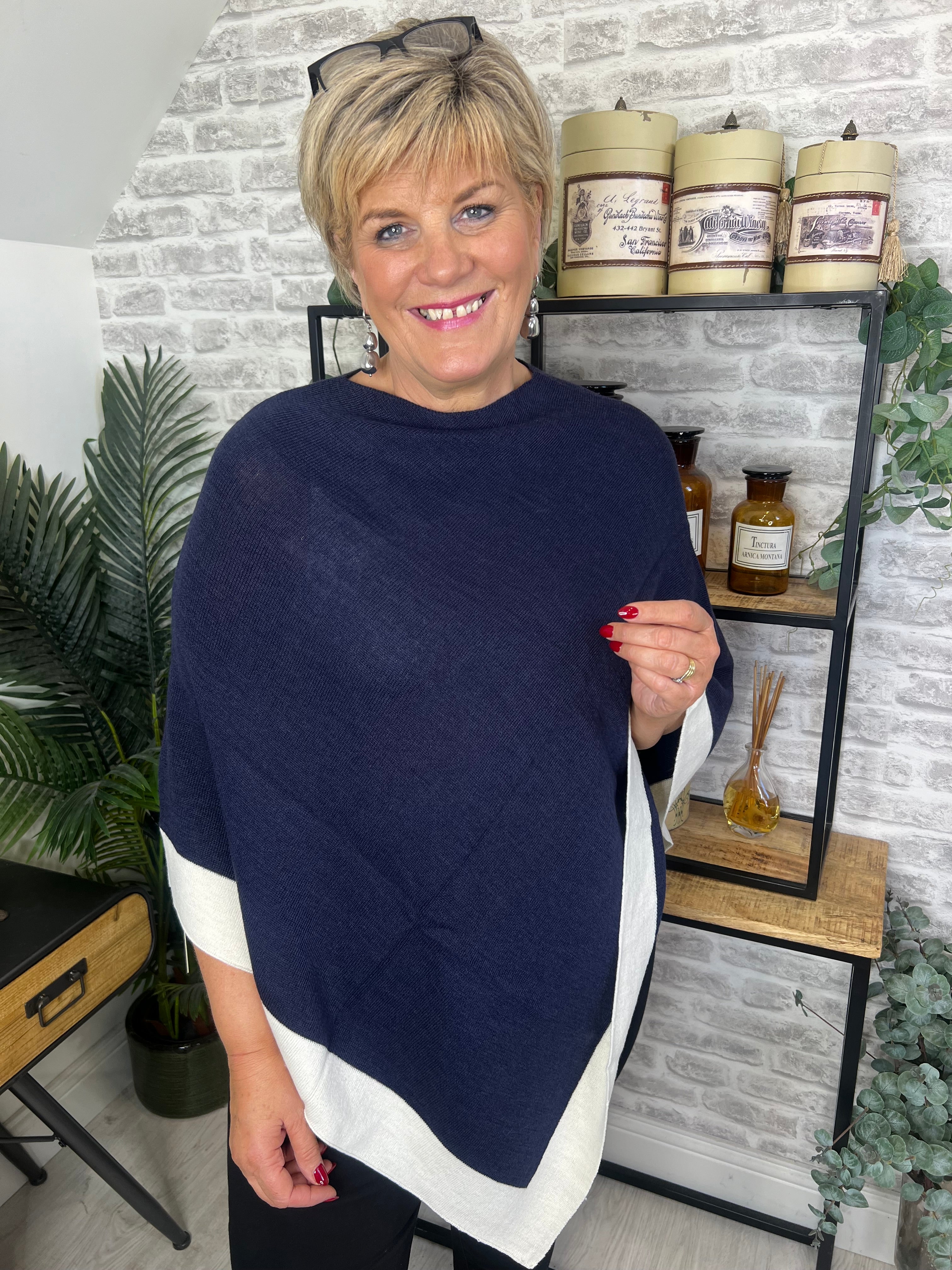 Elsa Poncho With Cream Trim In Navy