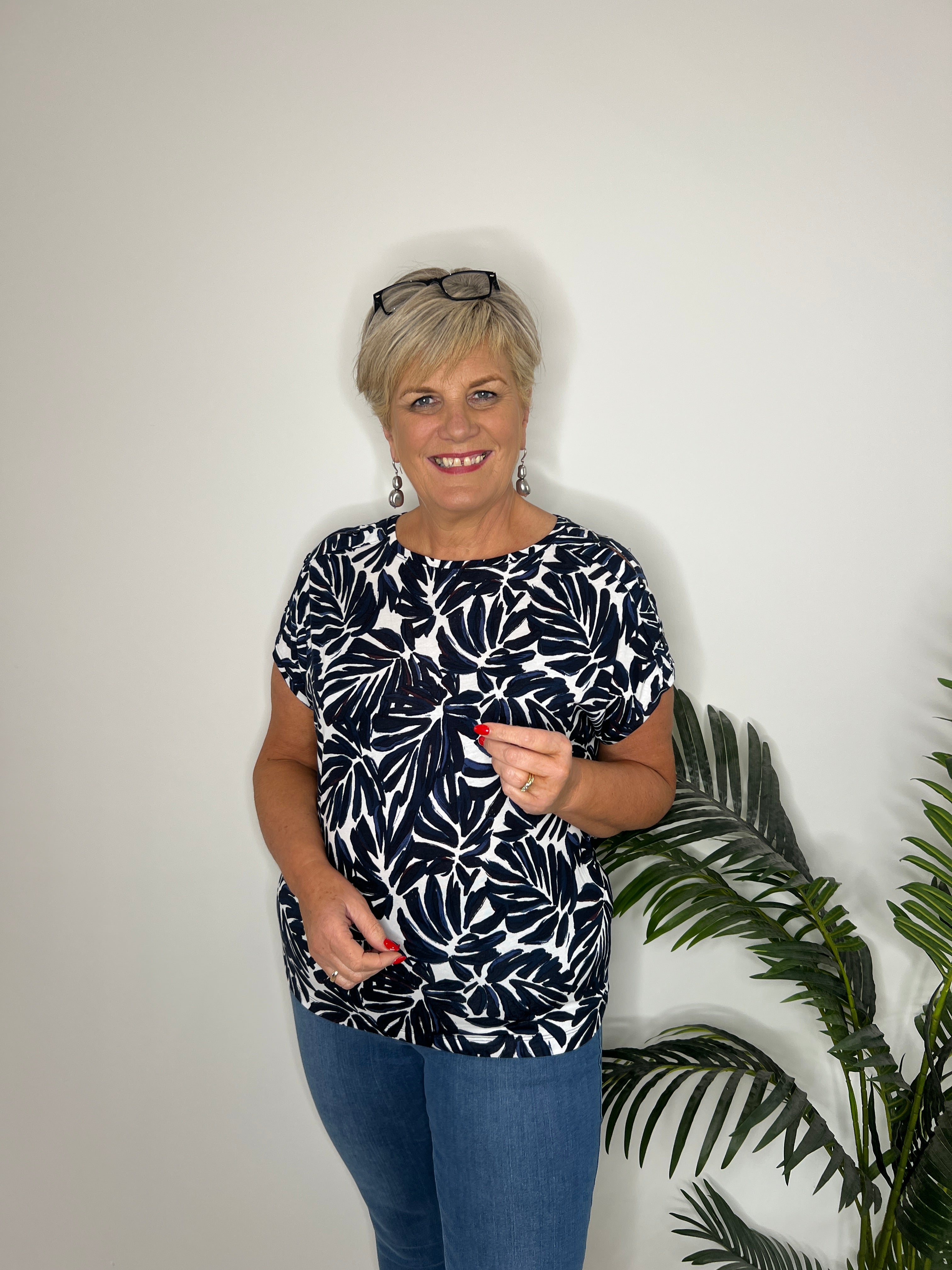 Cecil Floral Round Neck Top In Urban Dark Blue