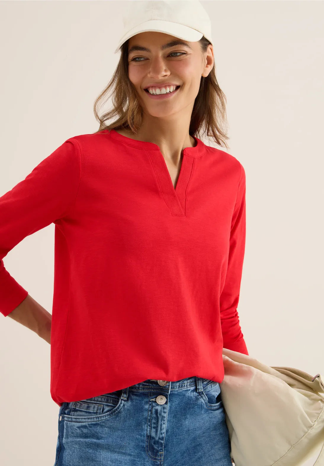Cecil Split Neck Top In Fiery Red