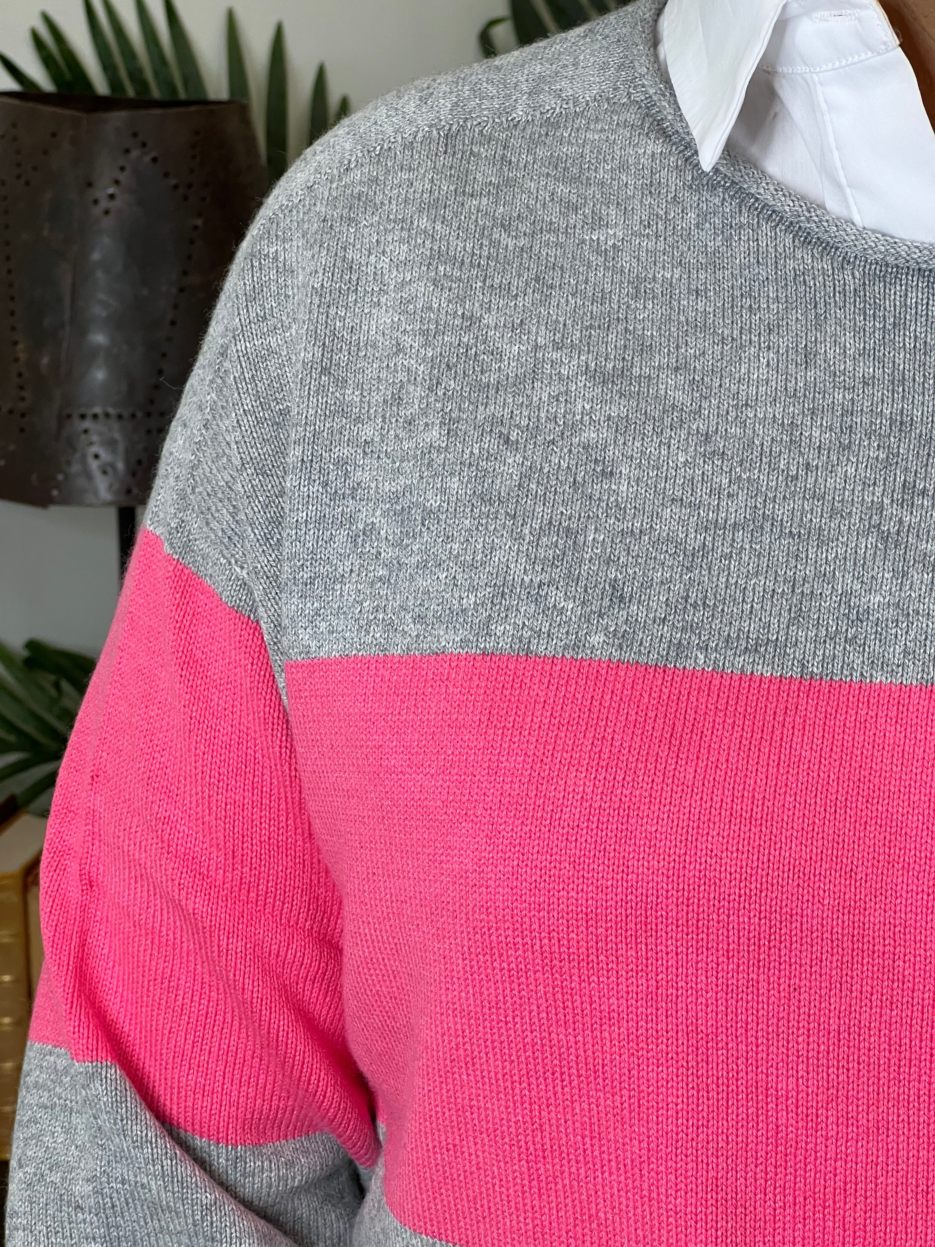 Oui Striped Jumper In Grey & Pink