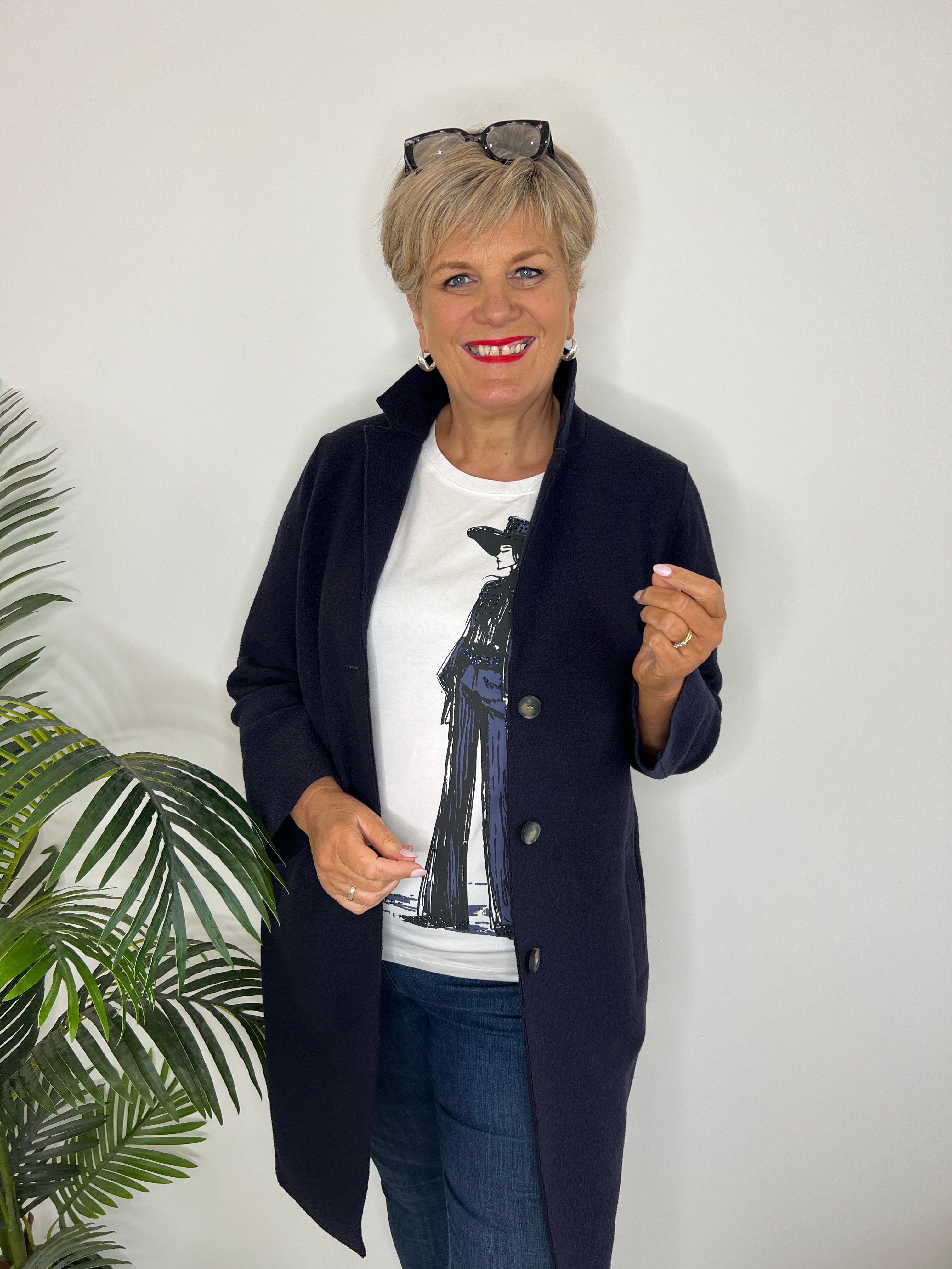 Oui Mayson Boiled Wool Coat In Dark Blue
