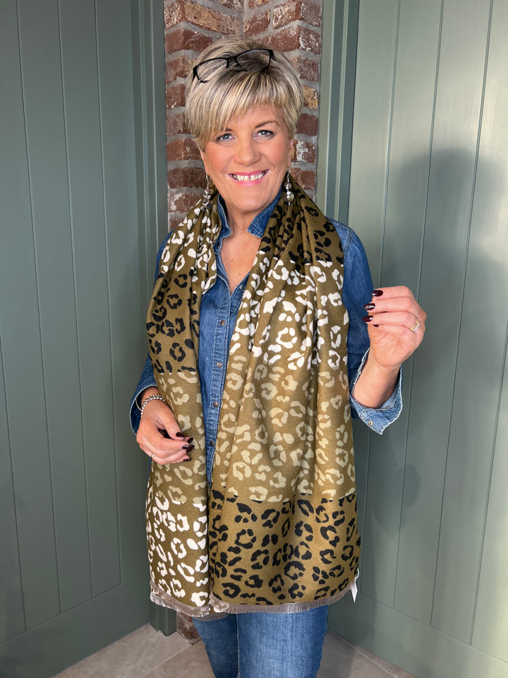 Sophie Leopard Print Scarf In Olive Multi