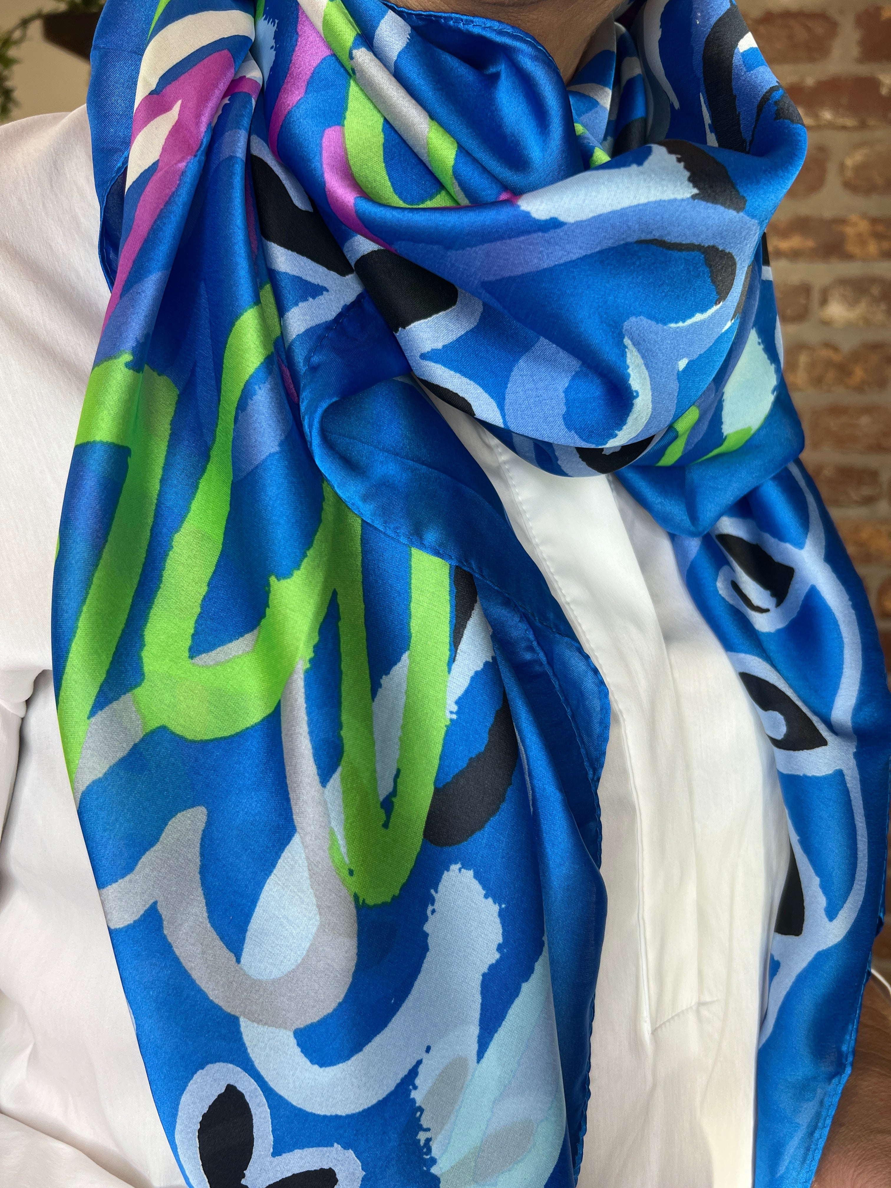 Pipa Heart Silk Scarf In Blue Multi