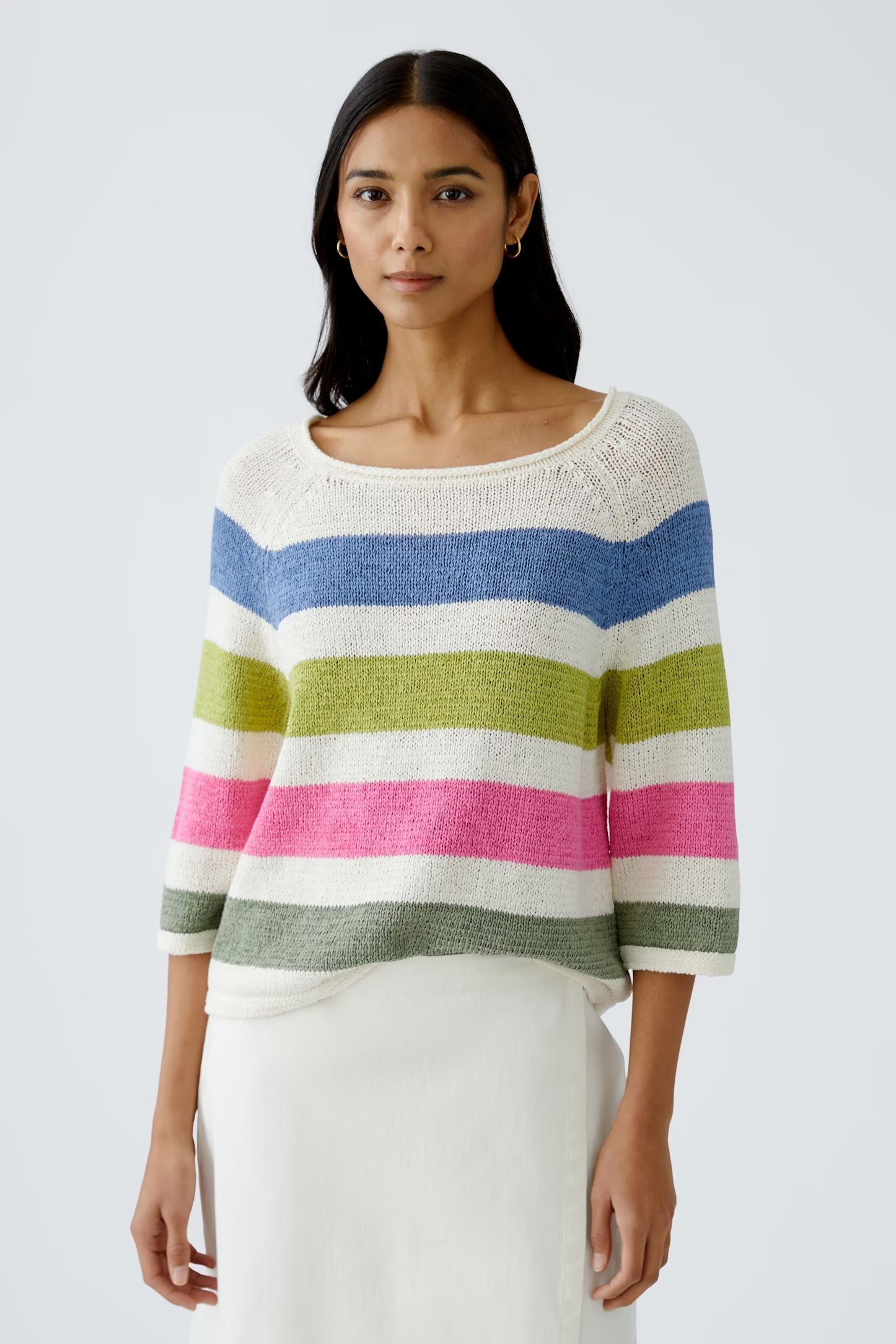 Oui Striped Pullover In White & Green