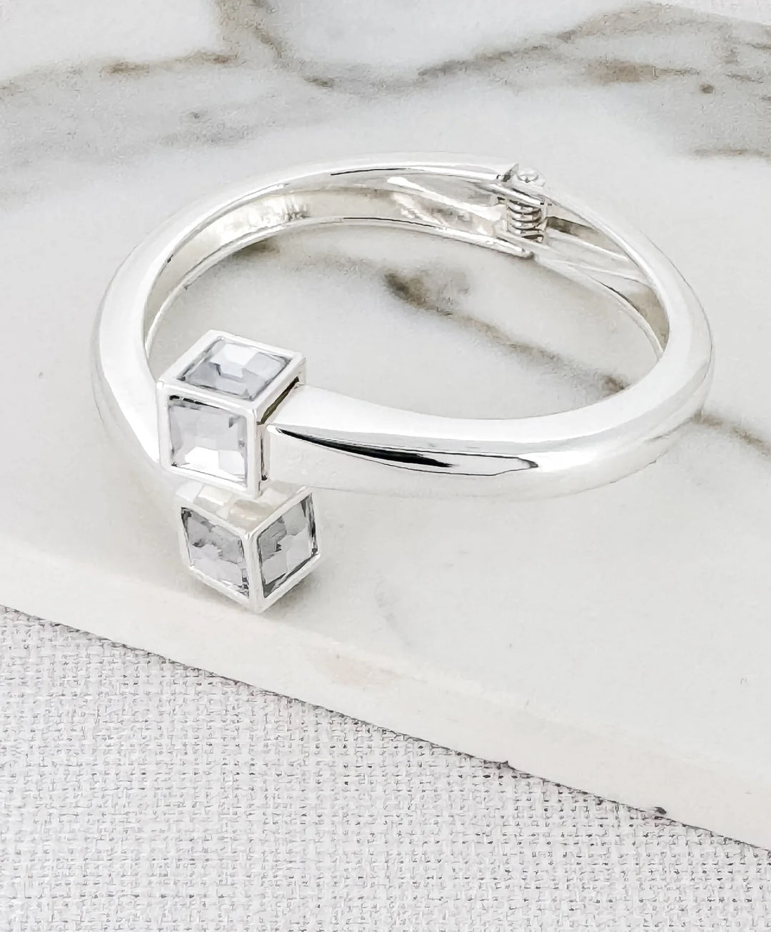 Envy Hinged Double Bar Bangle With Cube in Silver