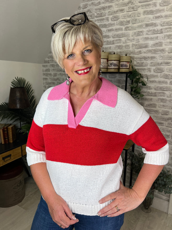 Oui Striped Pullover With Collar In Red & White