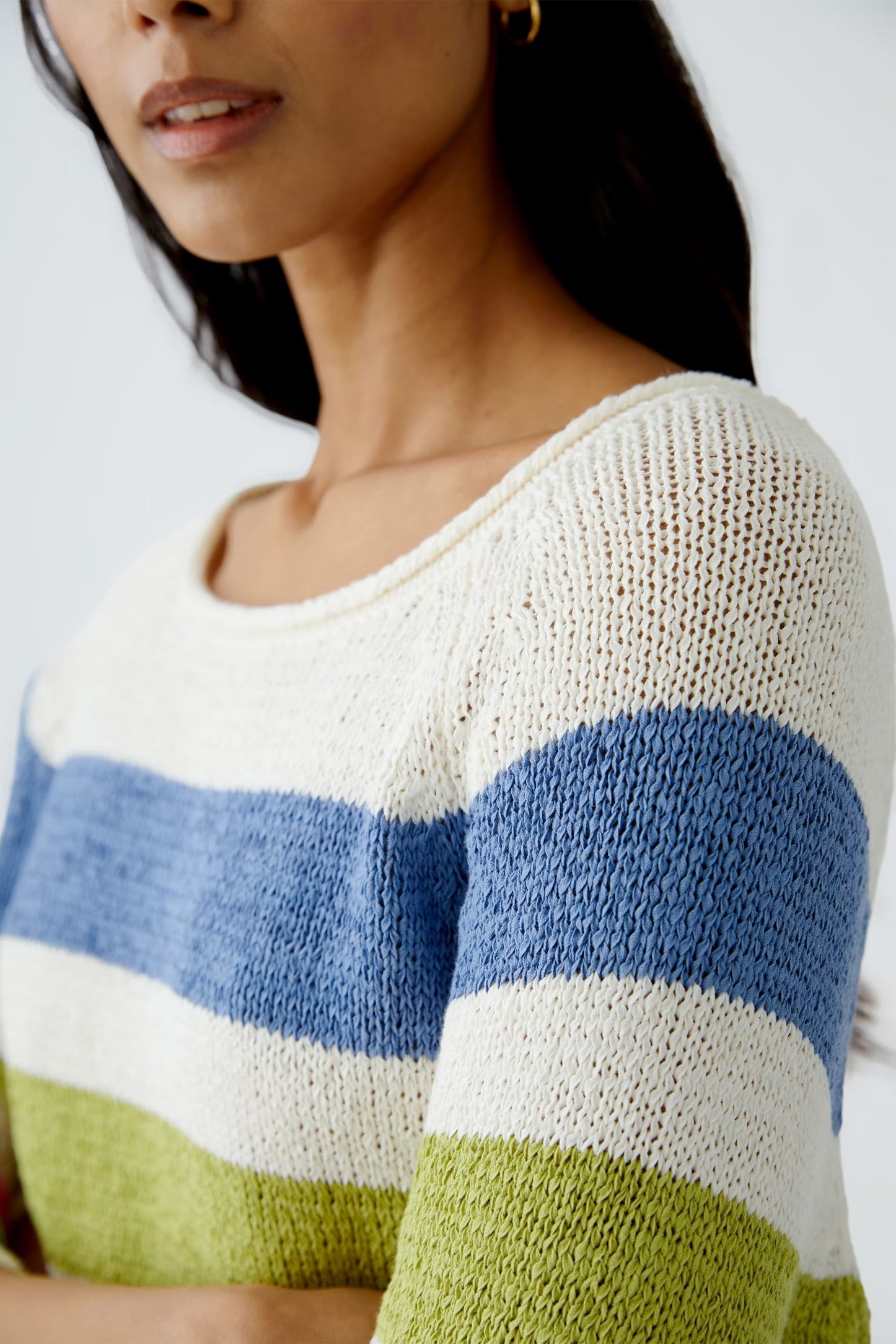 Oui Striped Pullover In White & Green