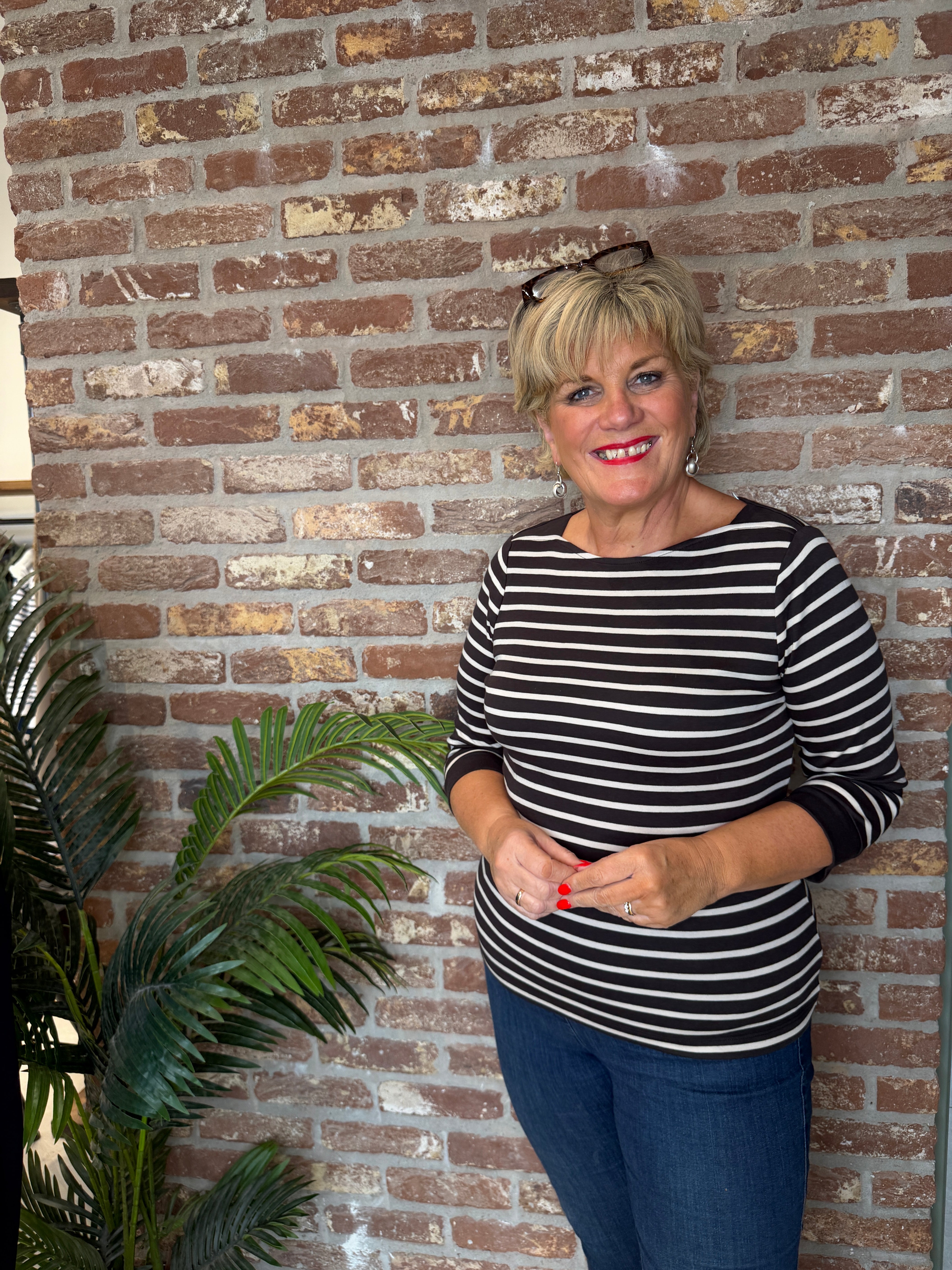 Striped boat neck top in black coffee