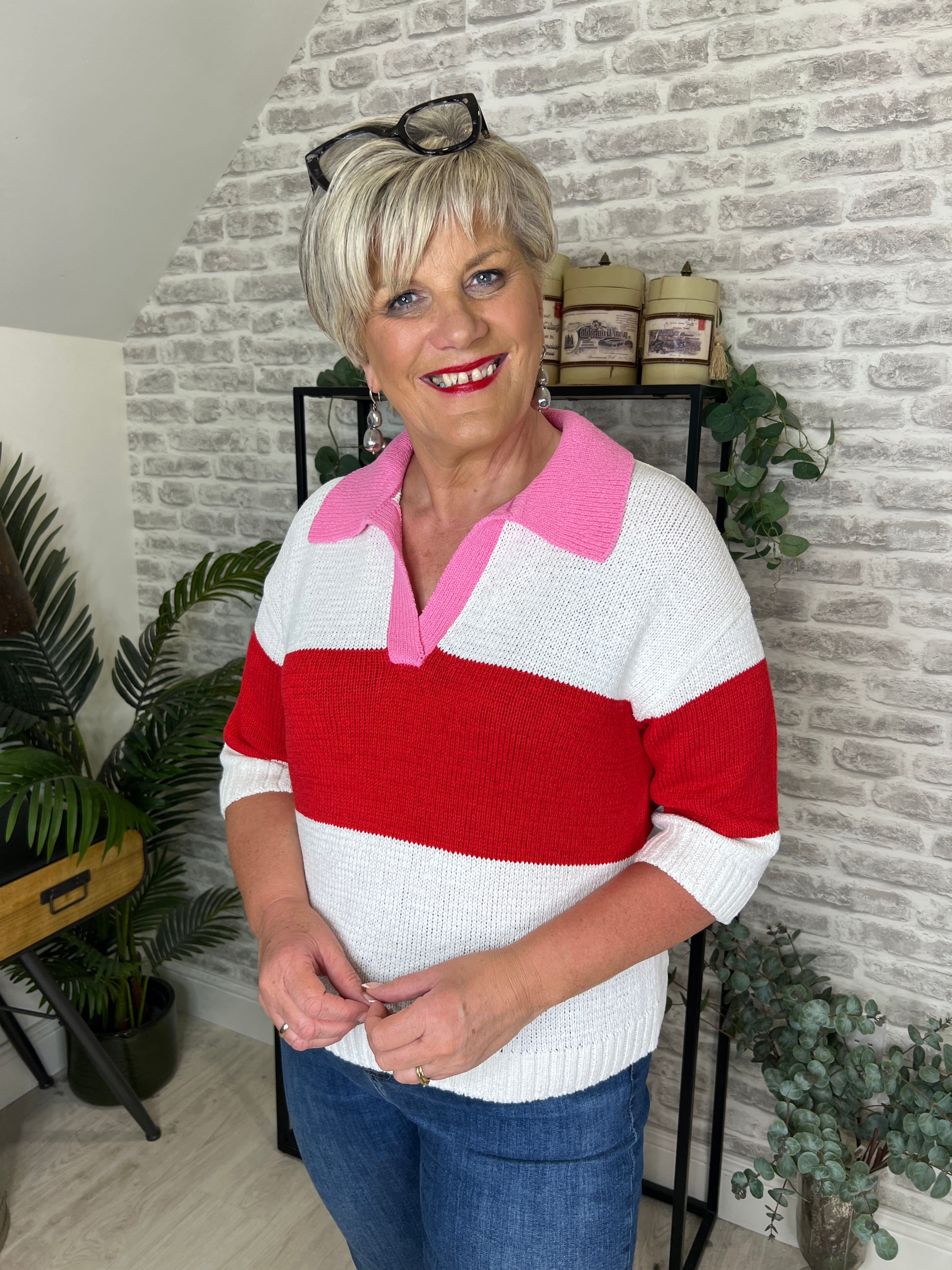 Oui Striped Pullover With Collar In Red & White