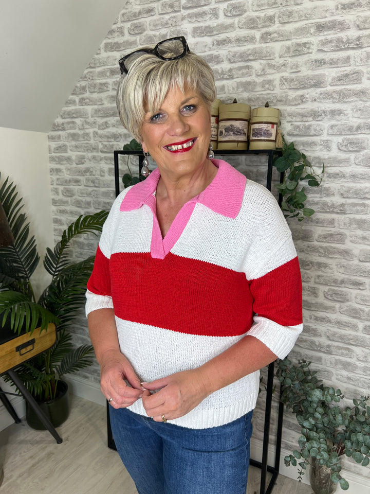 Oui Striped Pullover With Collar In Red & White