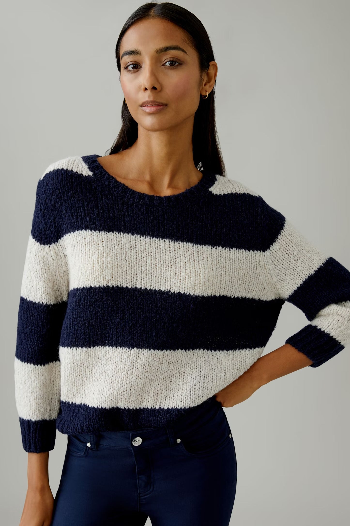 Oui Esmy Striped Pullover In Dark Blue & Stone