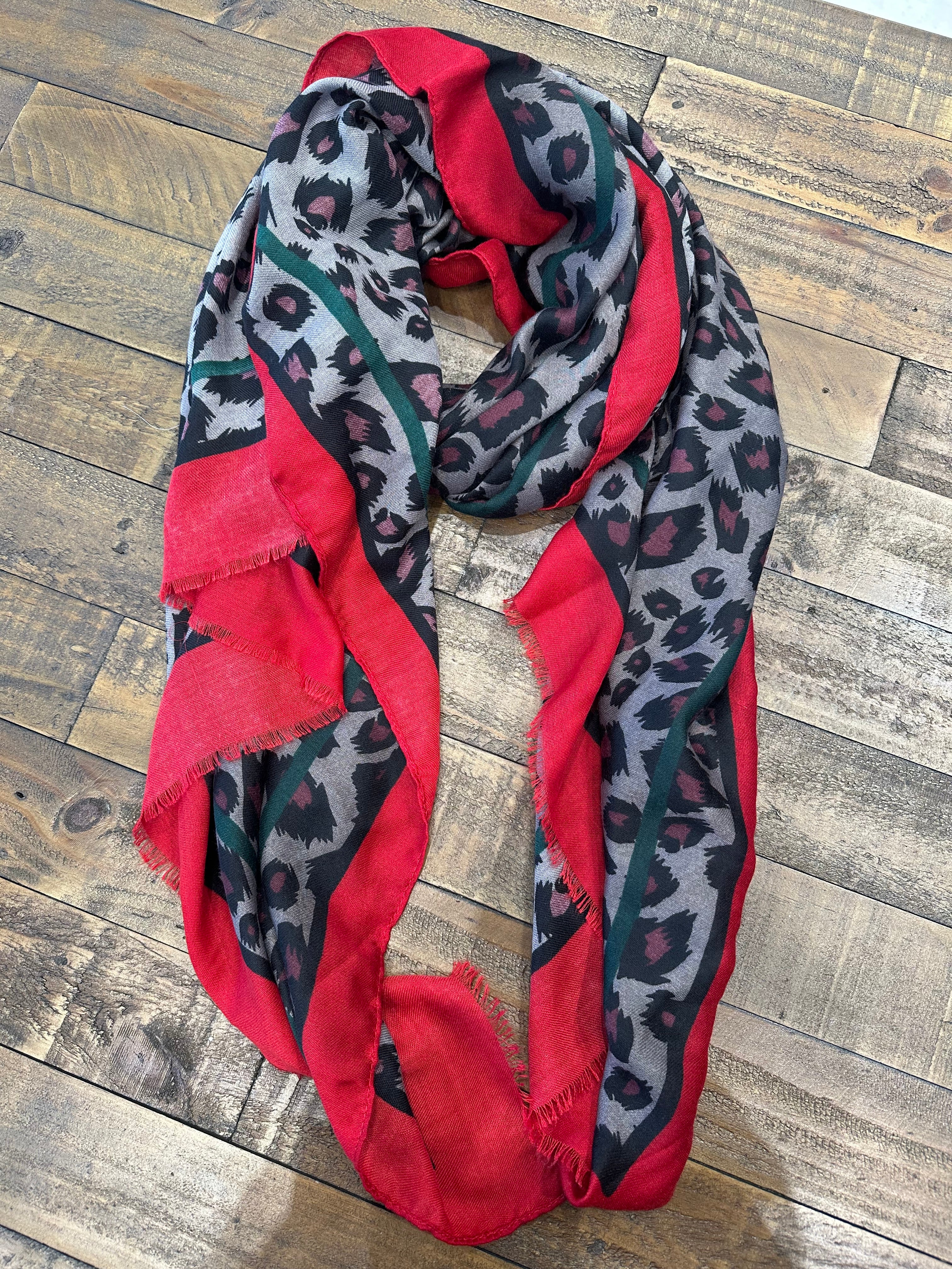 Olive Leopard Print Scarf In Red Multi