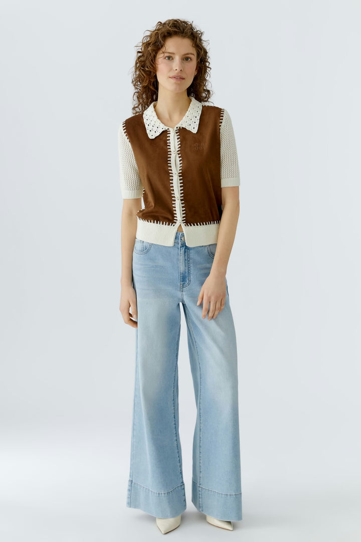 Oui Knit Jacket In White & Brown