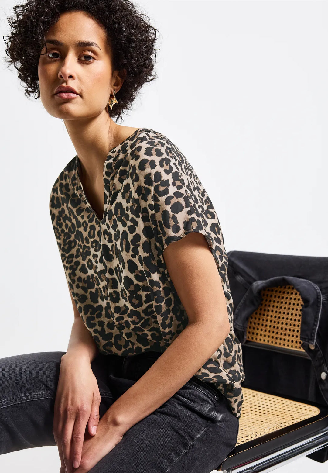 Street One Split Neck Leo Blouse In black