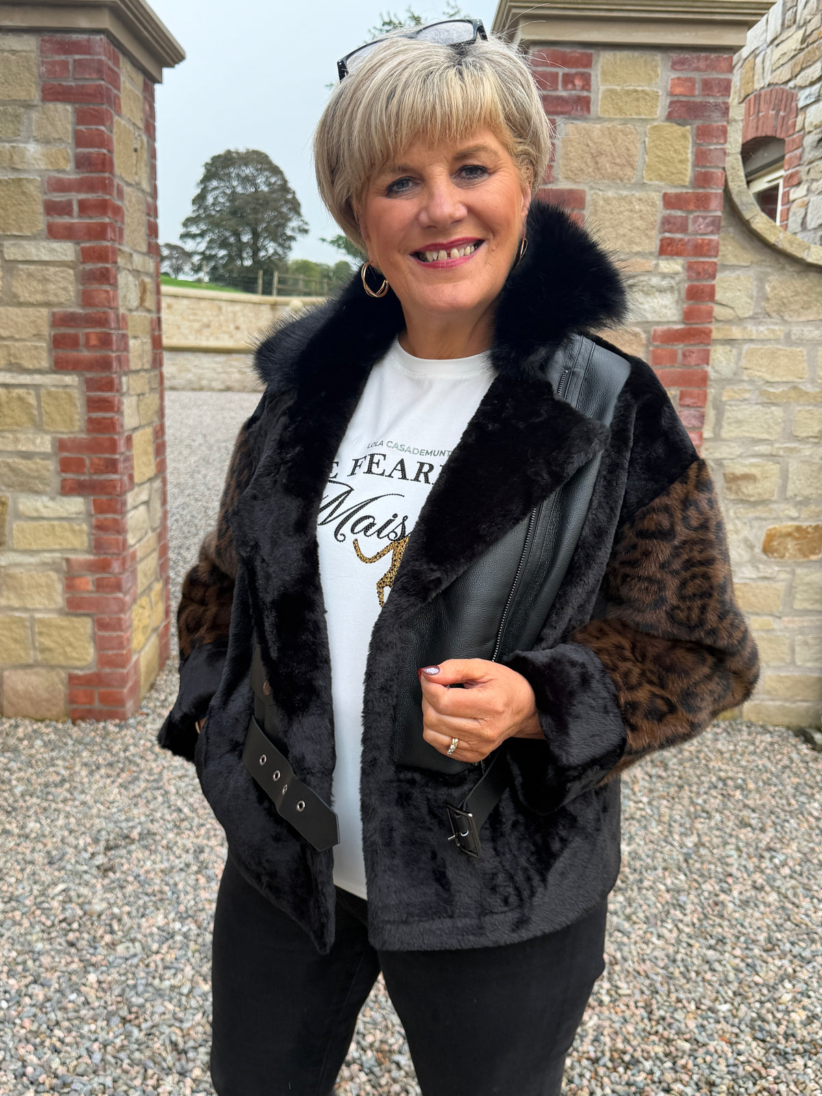 faux fur contrasting coat in black & brown