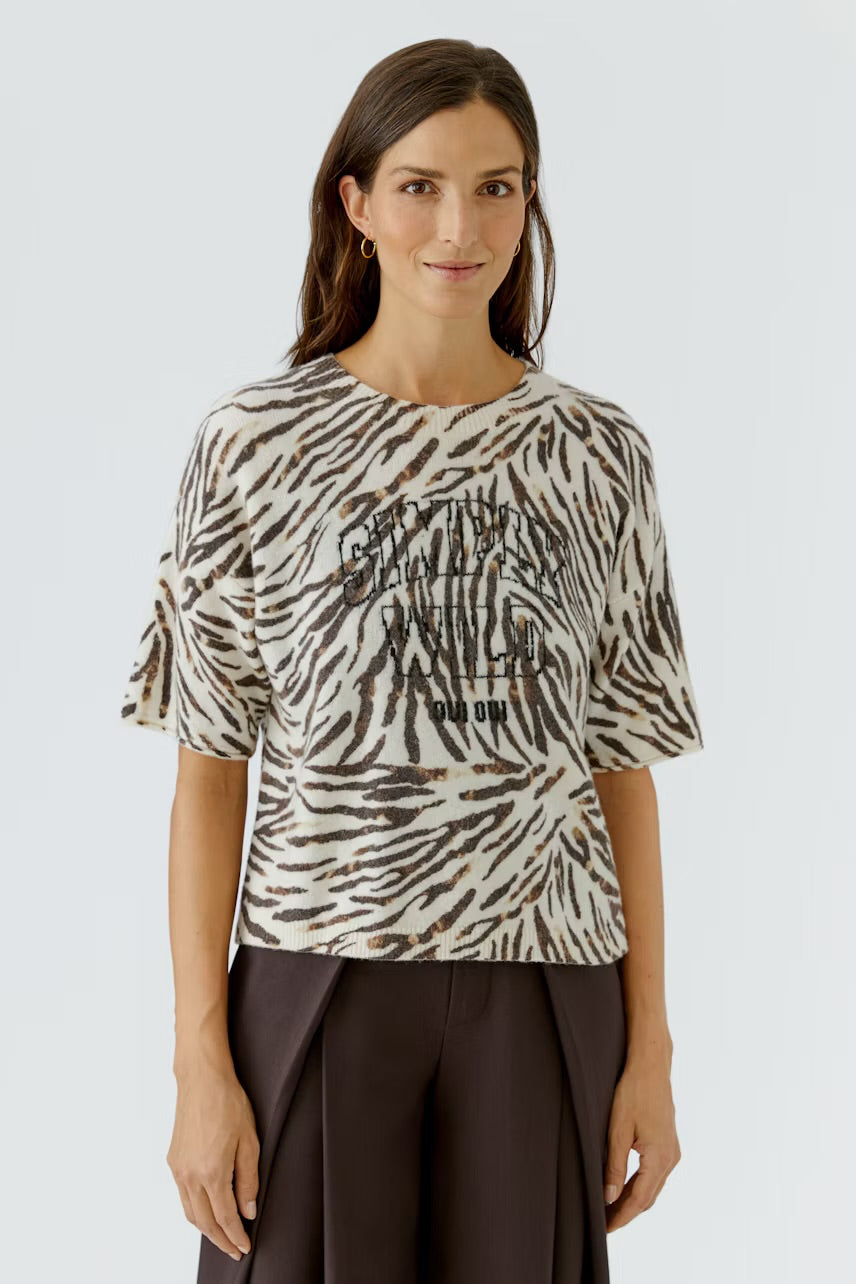 Zebra patterned pullover in white,brown & black