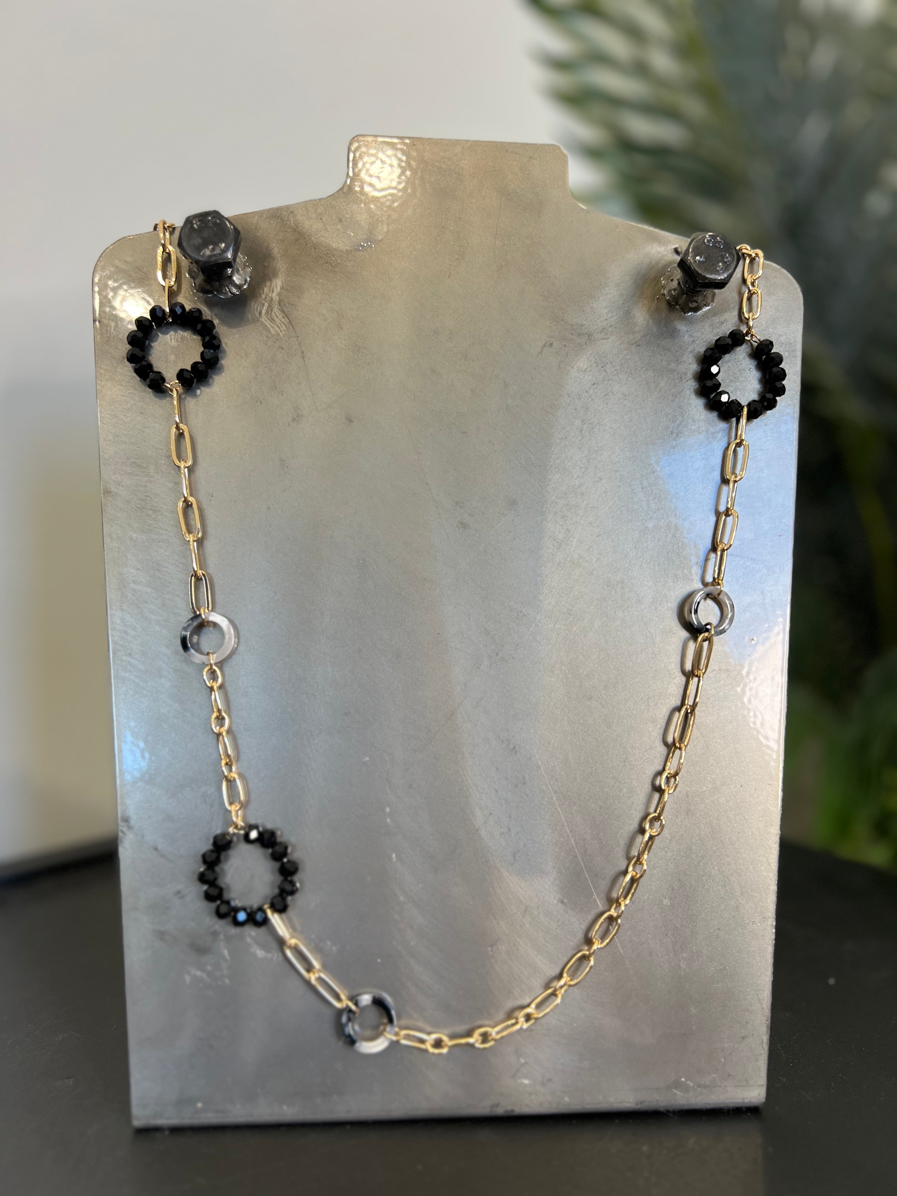 Eliza Gracious Crystal Bead Long Necklace In black & gold