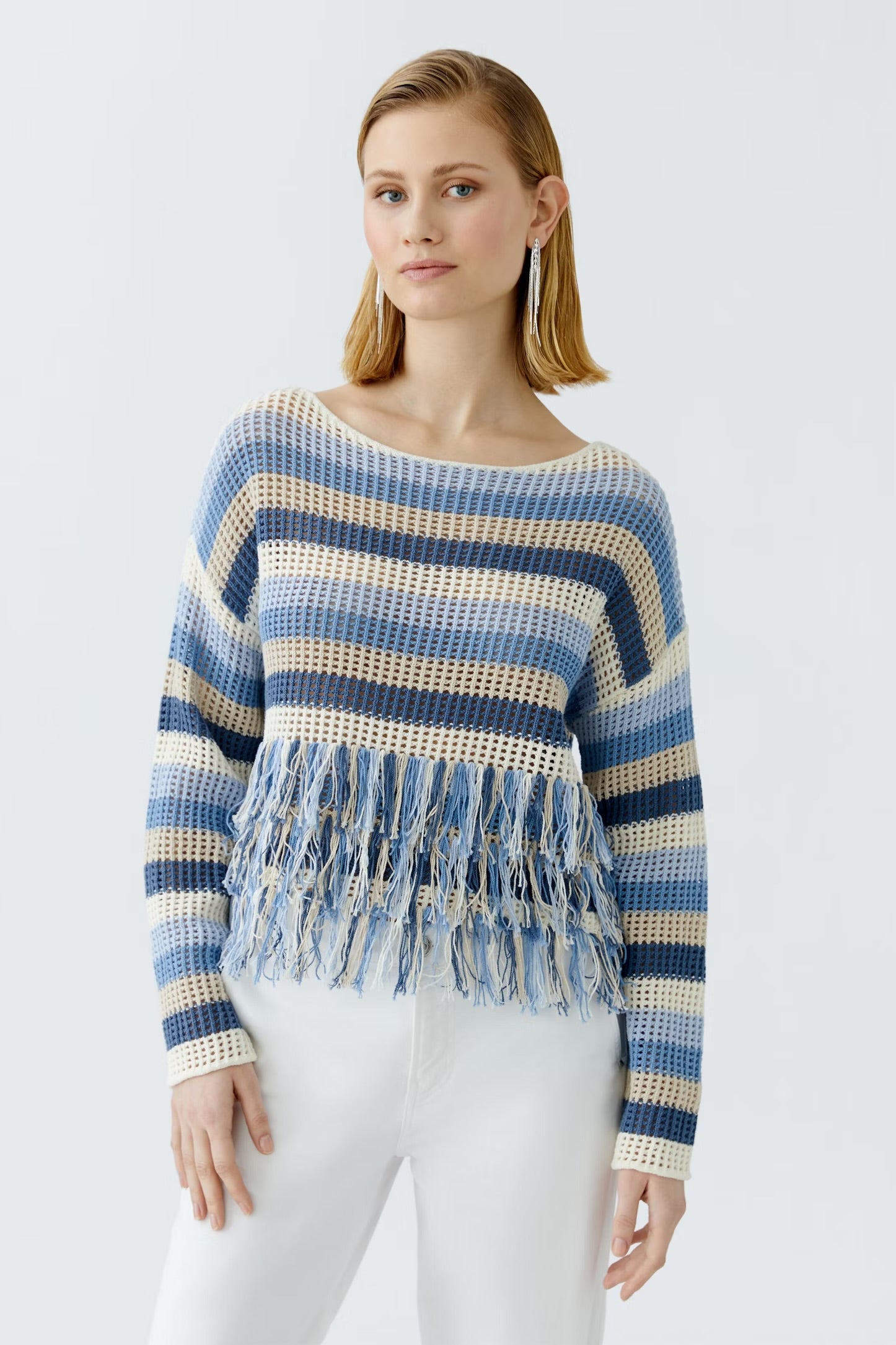 Oui  Fringed Jumper In Blue Multi