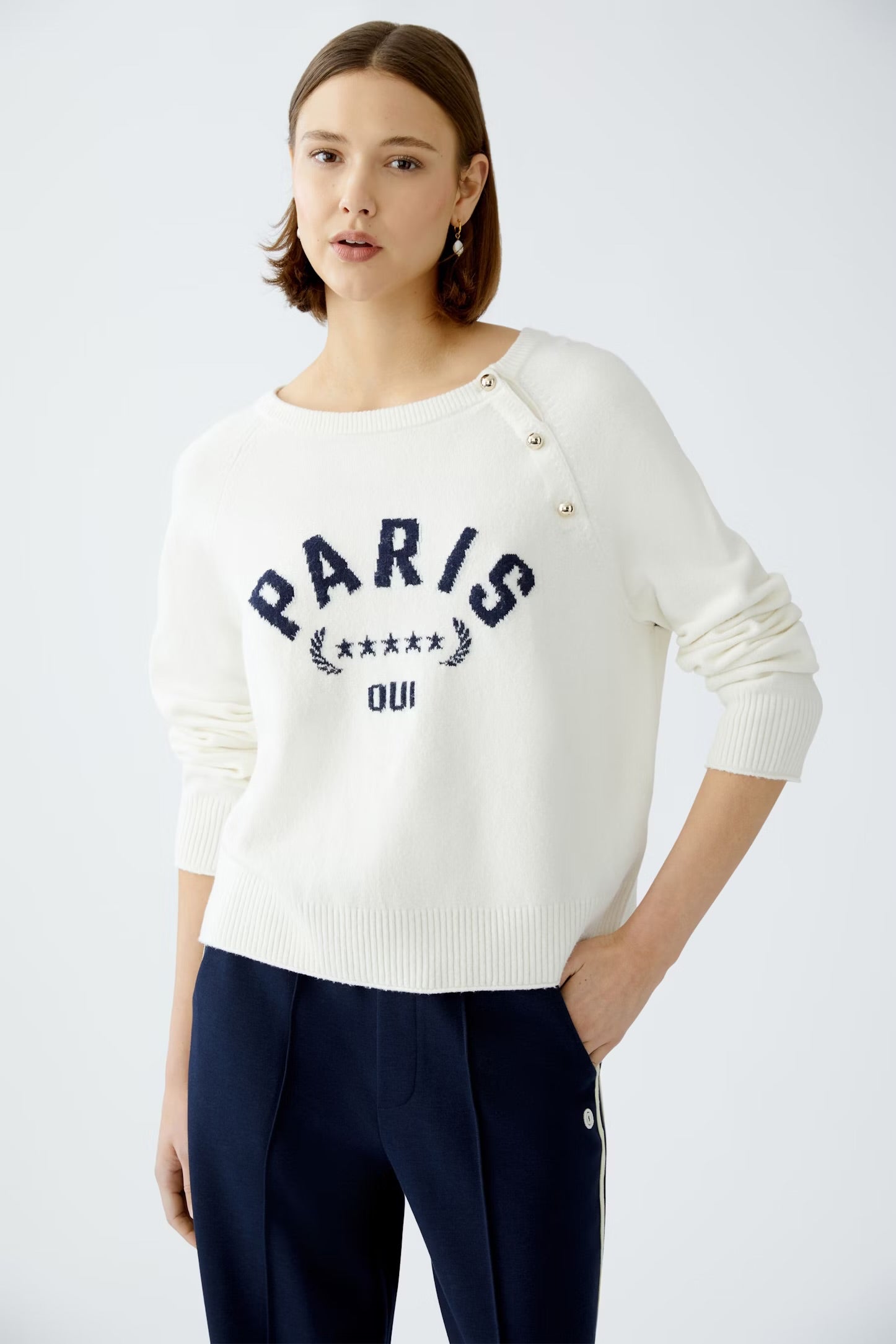 Oui Pullover With Placed Motif  In white & blue