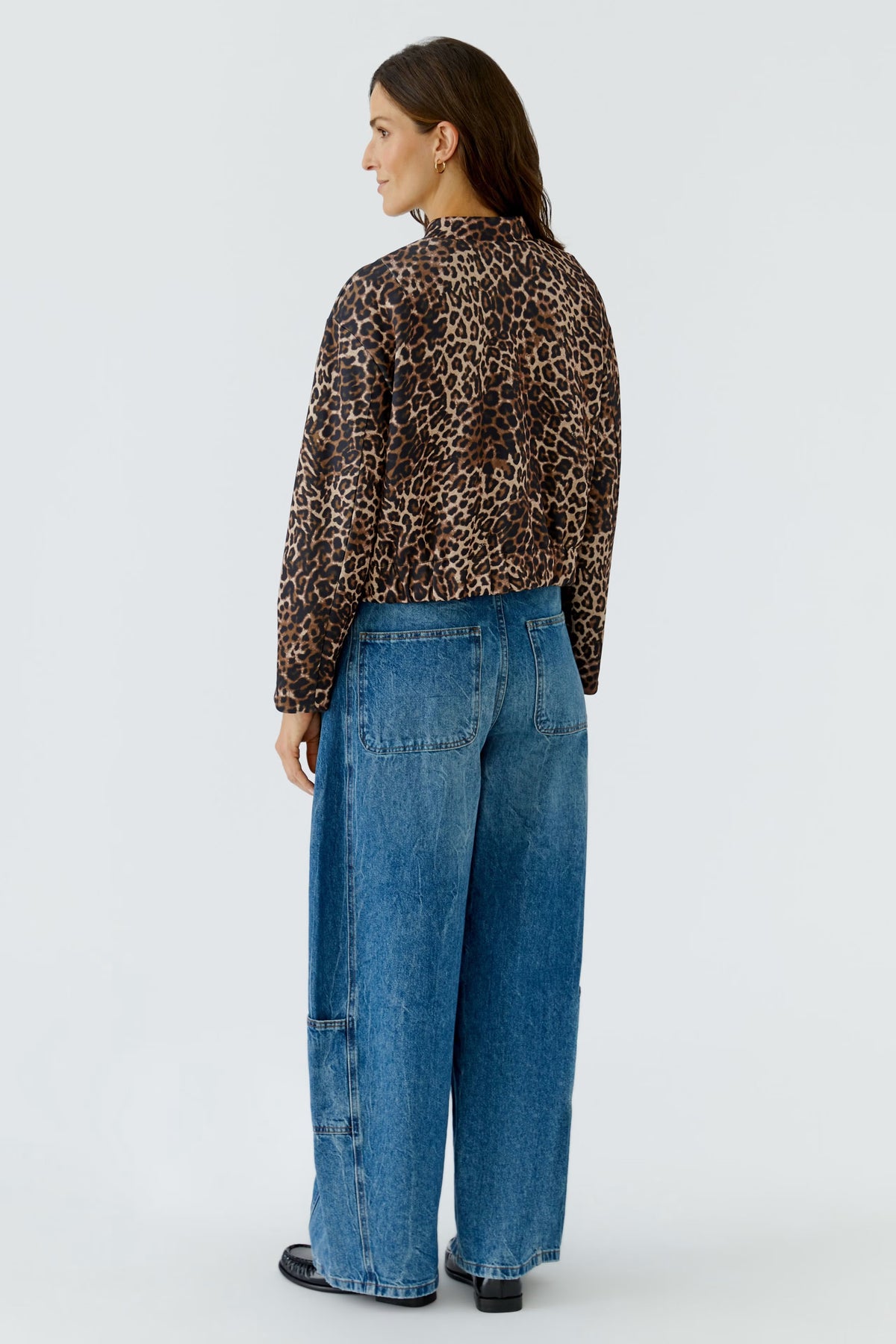 Leopard print scuba jacket in camel grey