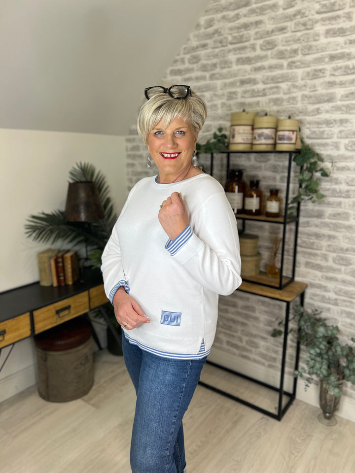 Oui Stripe Layered Pullover In Blue & White