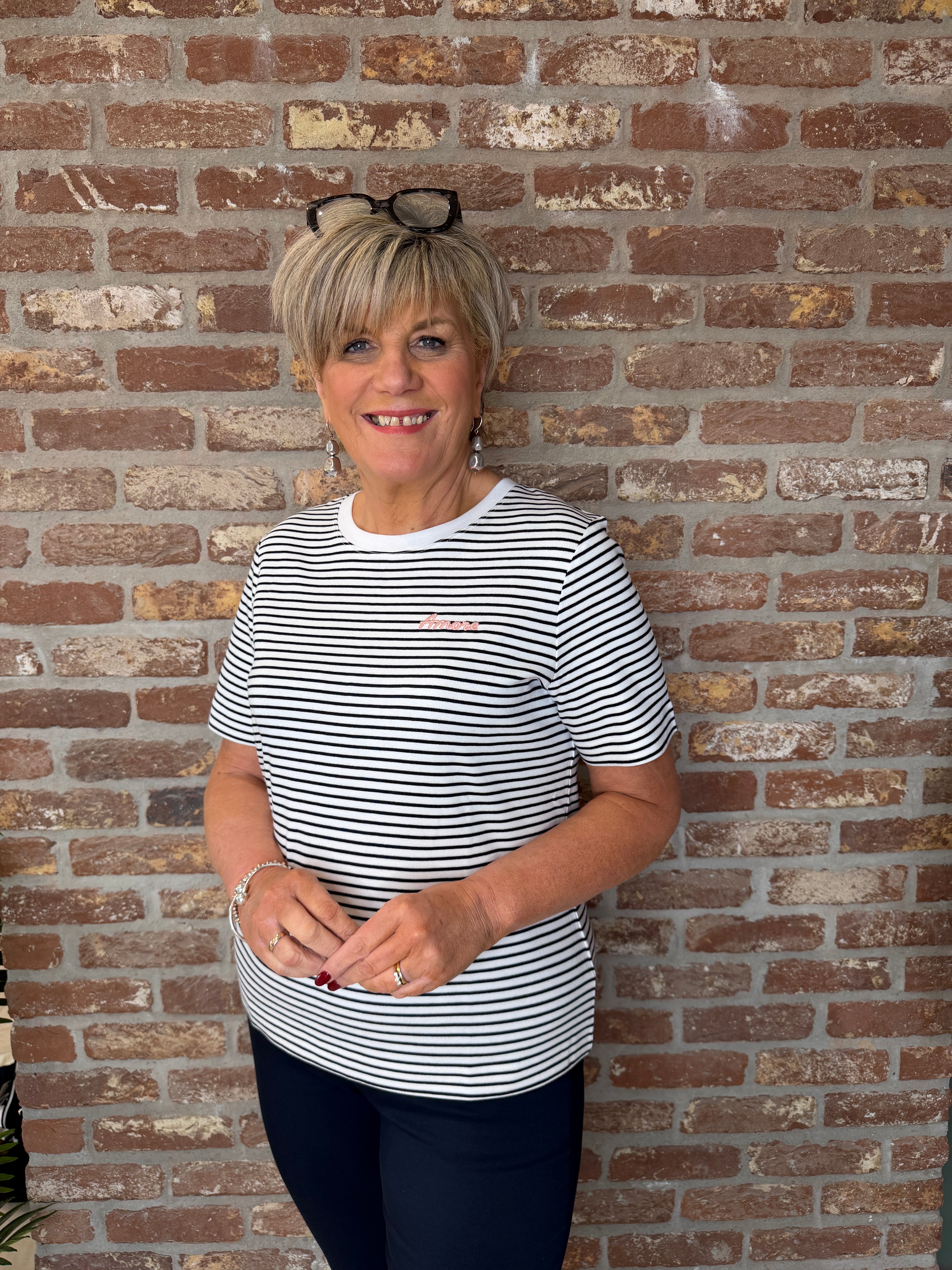 Oui Striped Amore T-shirt White & Navy