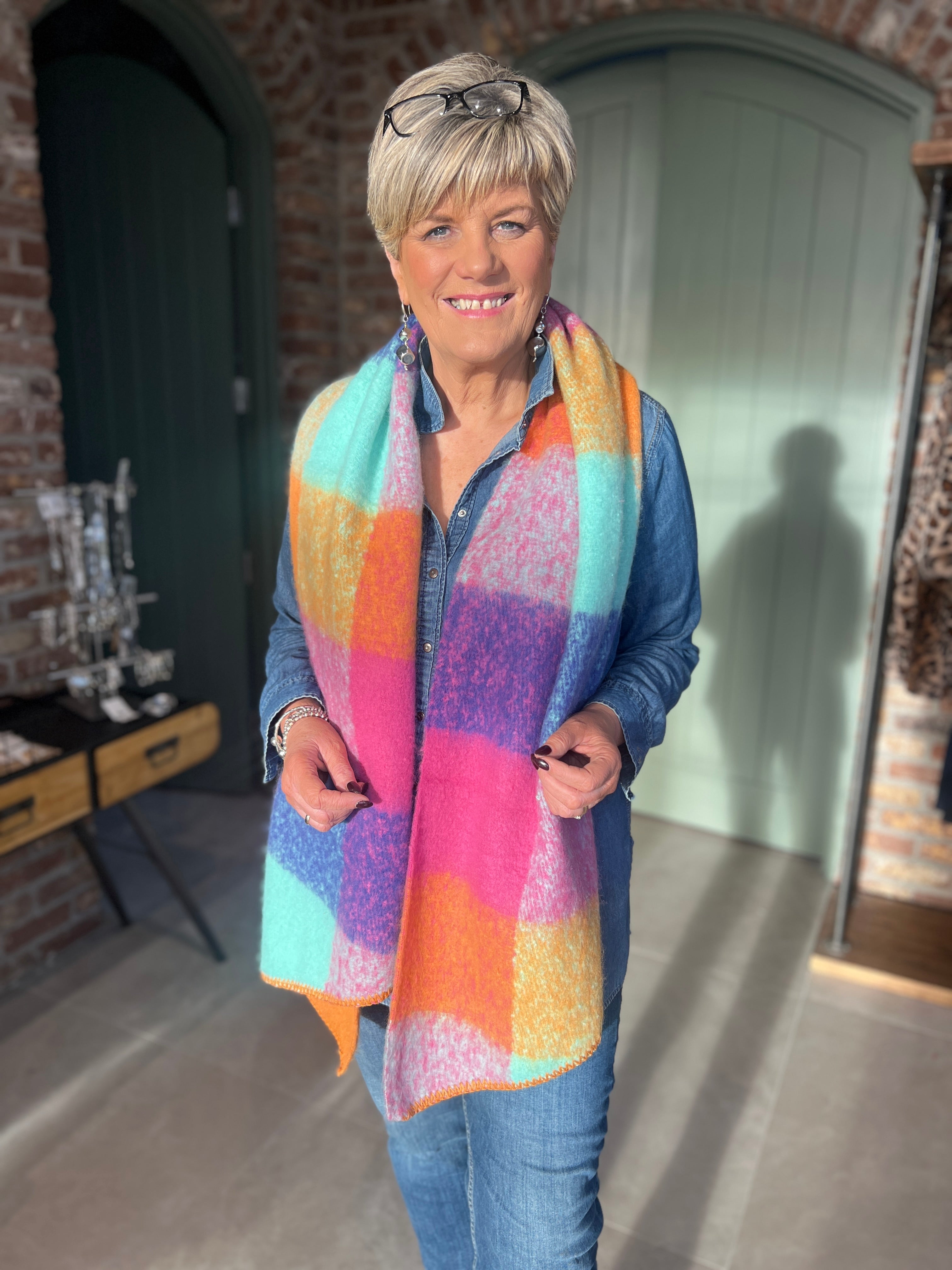 Sophie Tartan Angled Scarf In Pink Multi