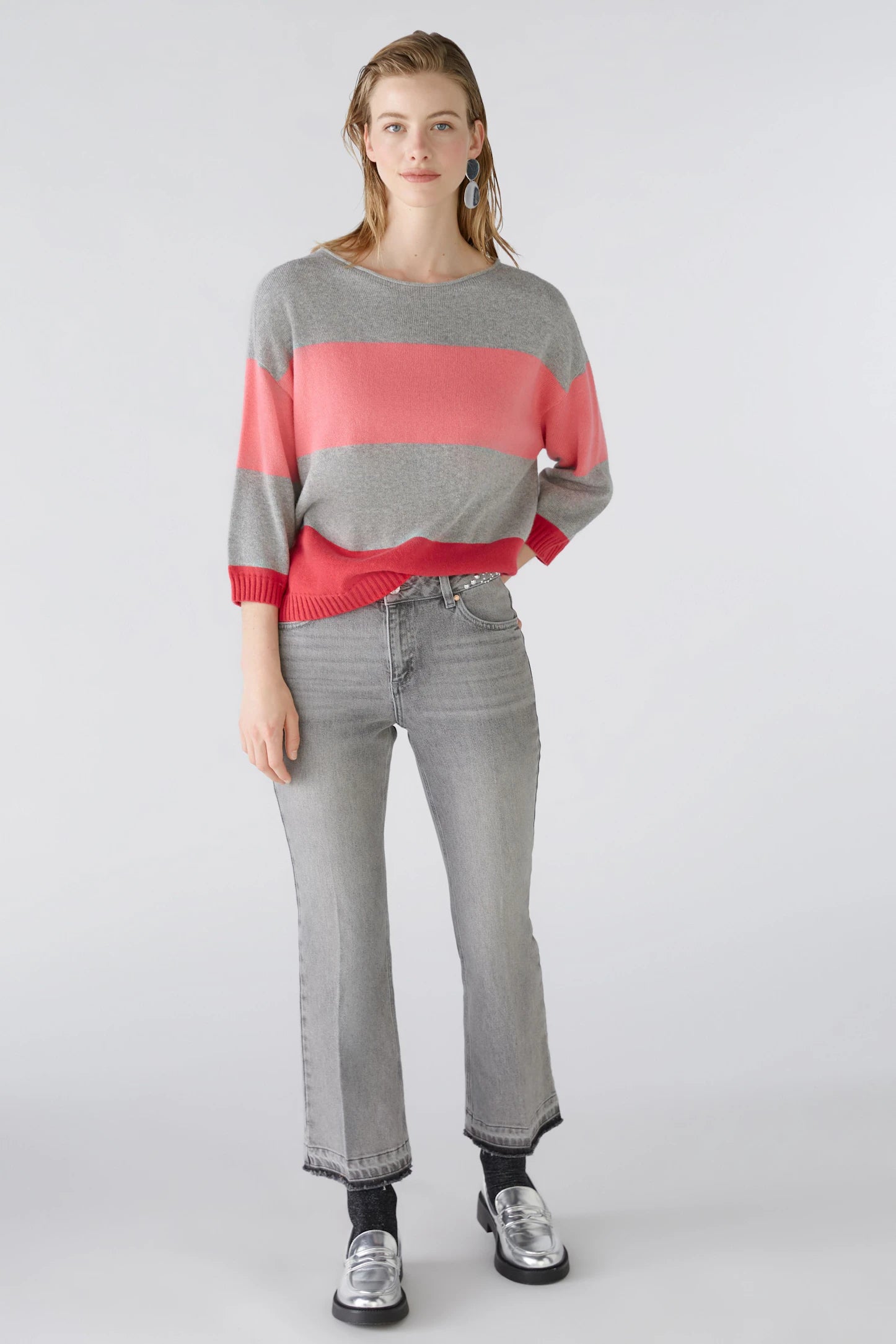 Oui Striped Jumper In Grey & Pink