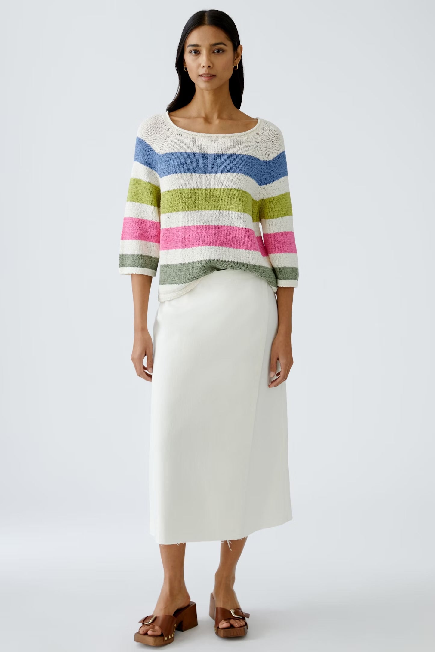 Oui Striped Pullover In White & Green