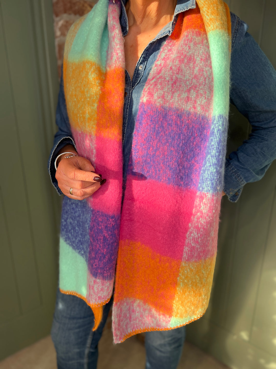 Sophie Tartan Angled Scarf In Pink Multi