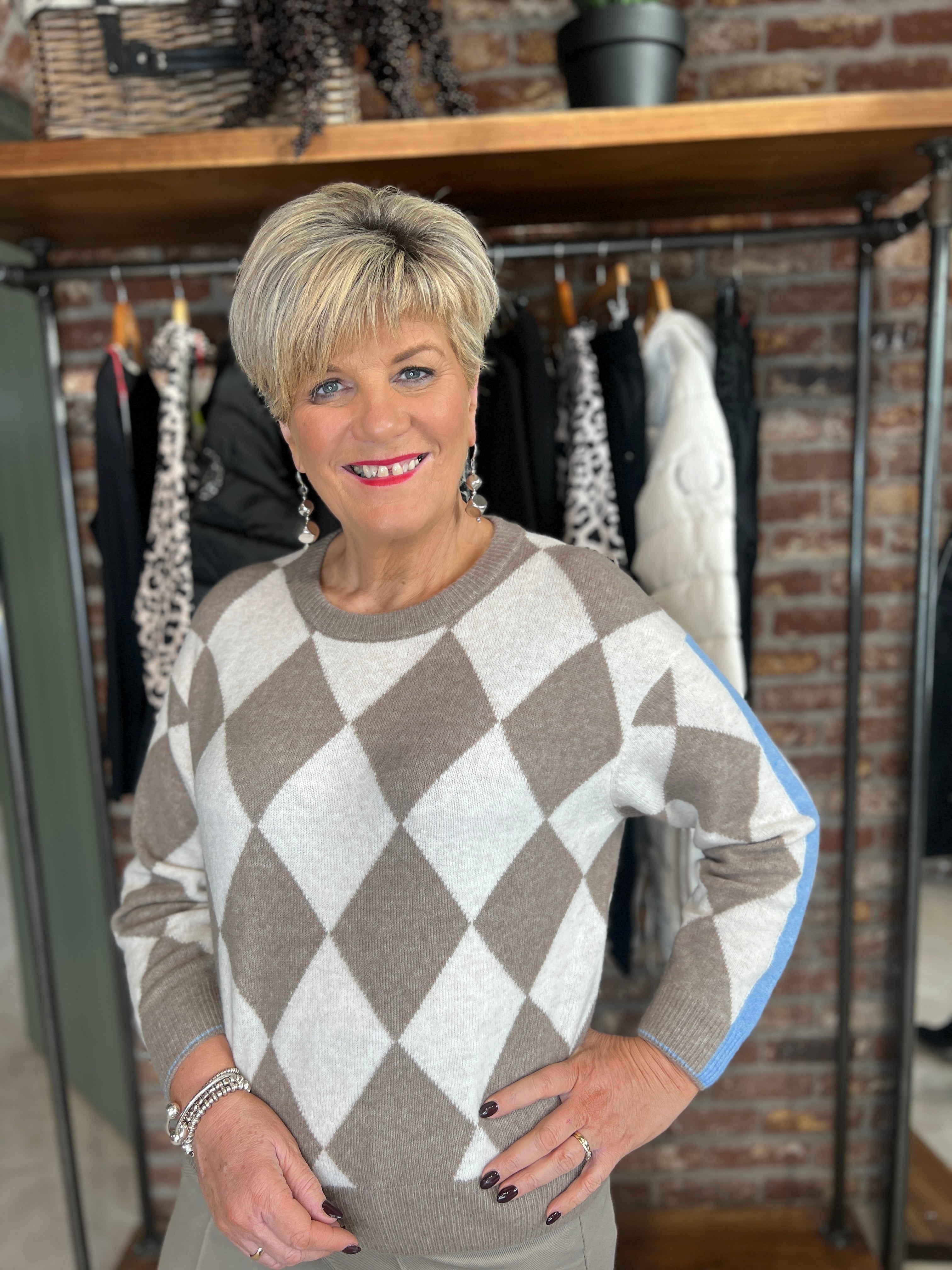 Oui Jacquard Pullover With Stripe In Taupe Multi