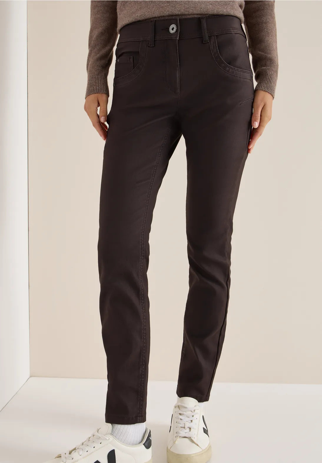 Cecil Toronto Coated Jeans In Tartufo Brown
