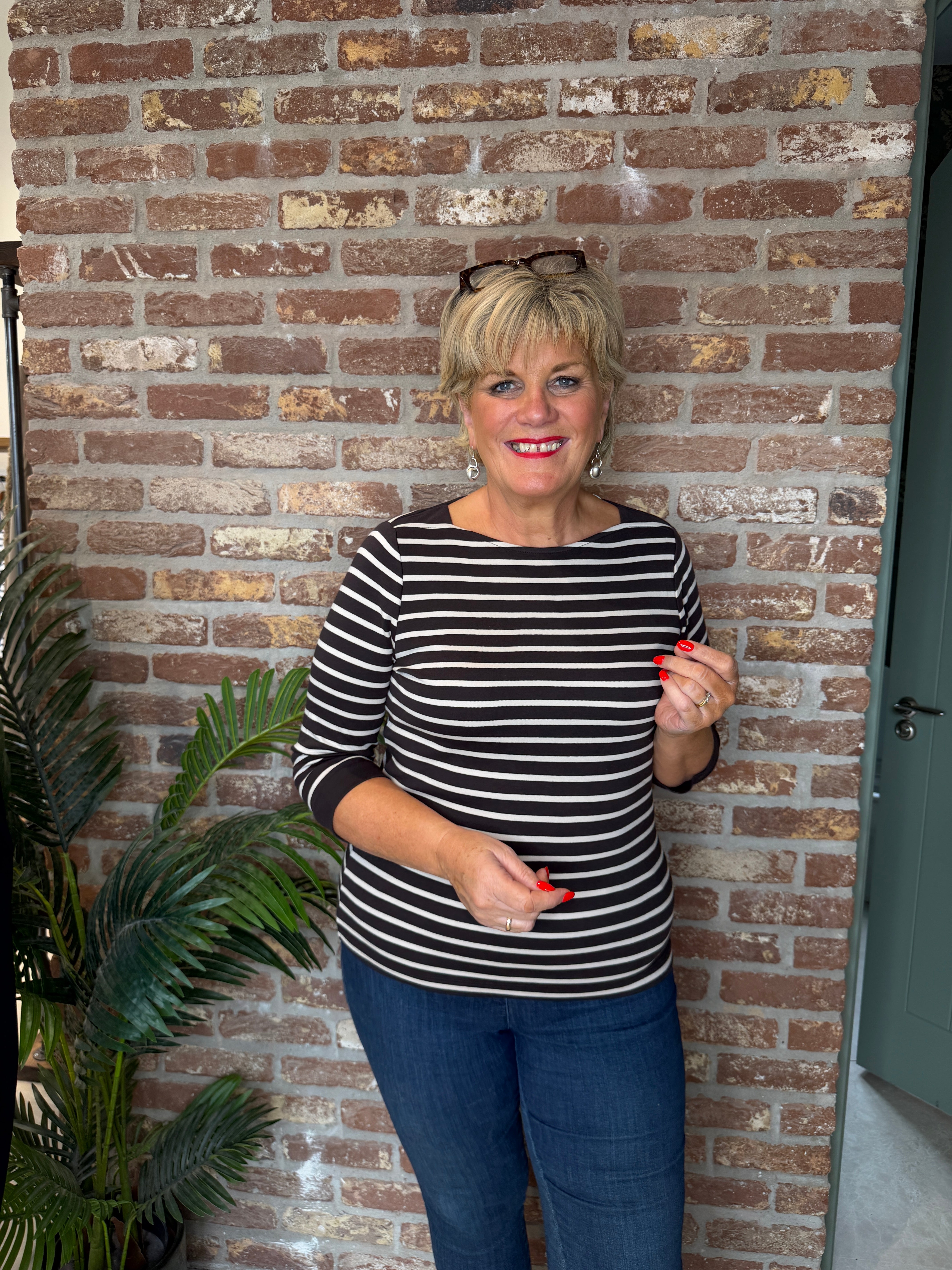 Striped boat neck top in black coffee