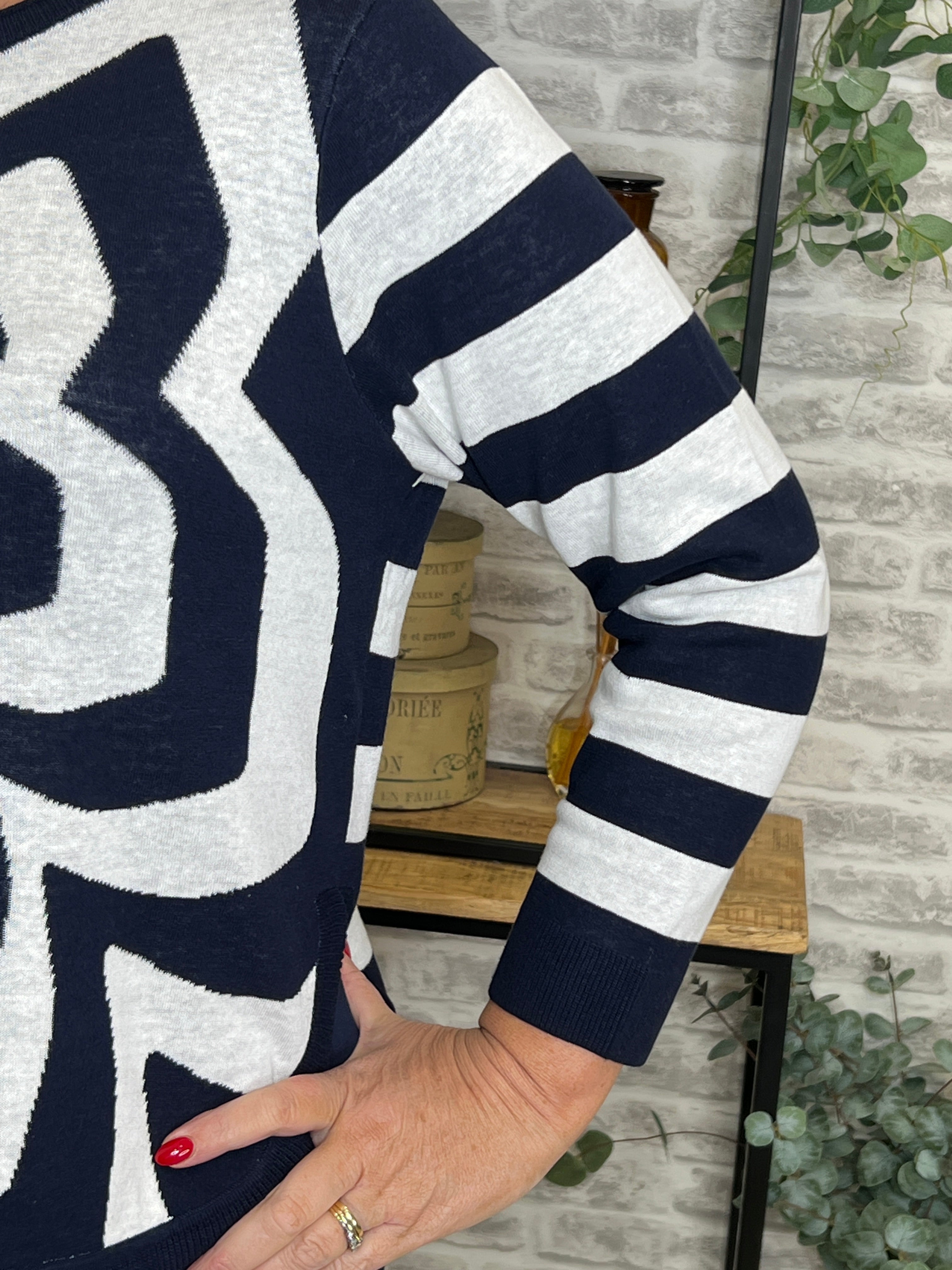 Oui Striped/Floral Jumper In navy & White