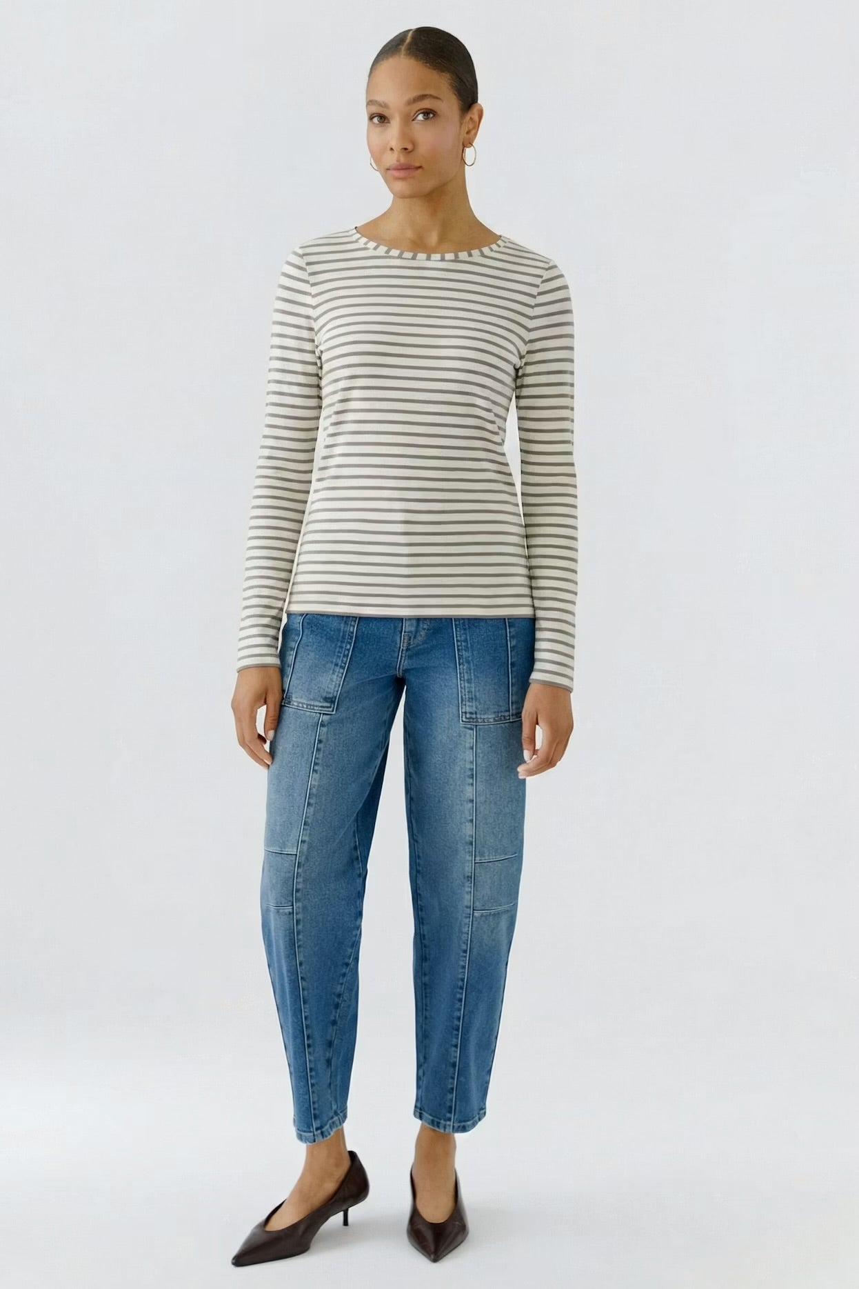 Oui Sumiko striped top in dark brown & off white