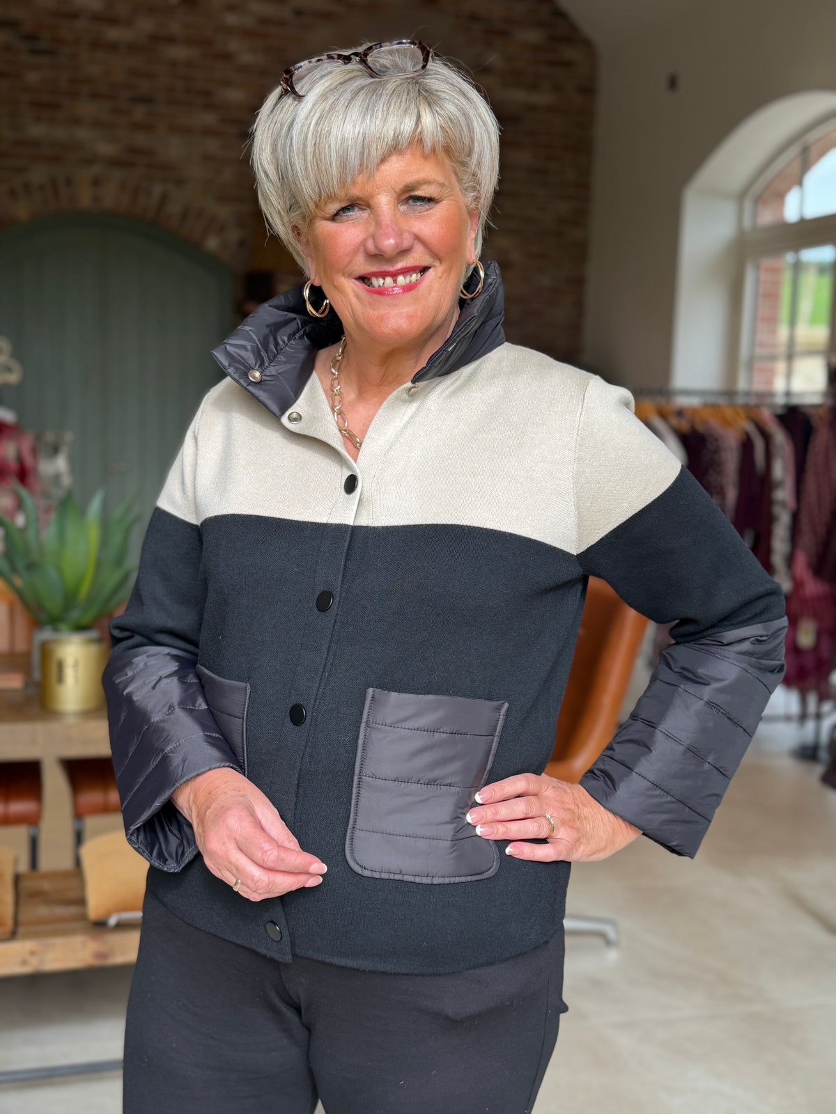 Two tone jacket in black & sand