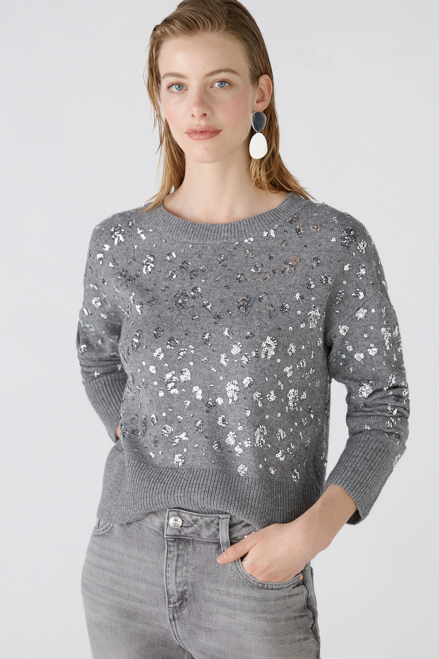 Oui Pullover With Silver Sequence In Grey